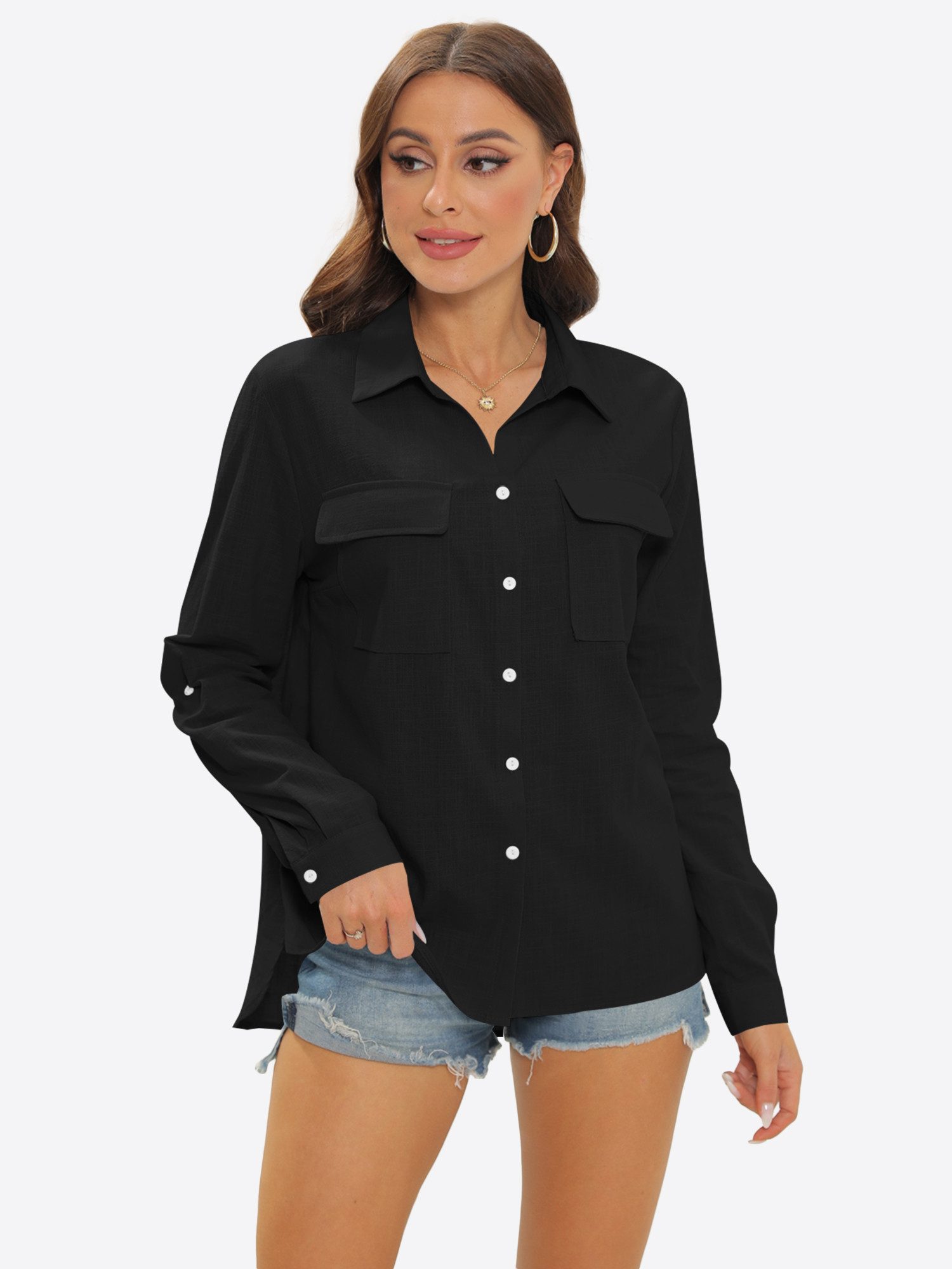 Imily Bela Langarmshirt Damen Hemd mit gerollten Ärmeln (Packung, 1-tlg., 1per-Pack) Reverskragen