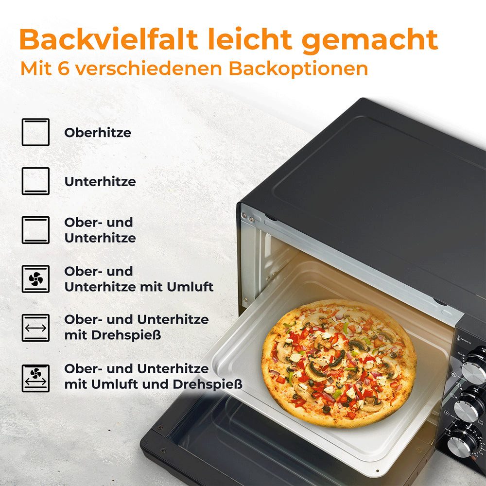 KLAMER Minibackofen mit Umluft (30 Liter), 6 Backfunktionen, 70-230°C, 120 min. Timer, Mi…, 6 Heizarten, Drehspieß inkl., Innenlicht, 3 Einschubhöhen