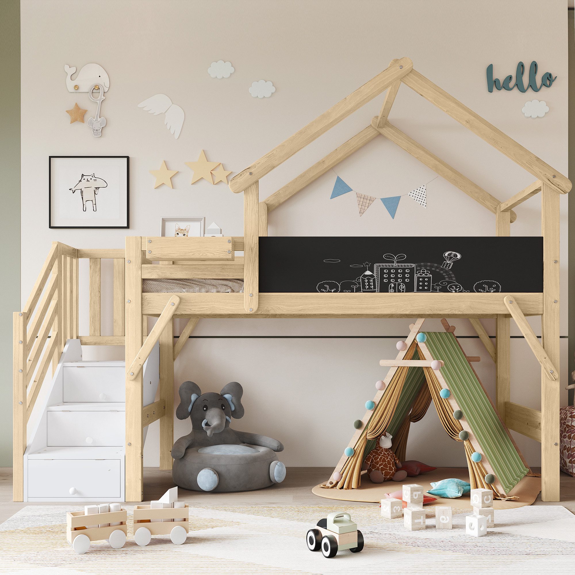 Flieks Etagenbett, Hochbett Kinderbett Hausbett 90x200cm mit Stauraumtreppe günstig online kaufen