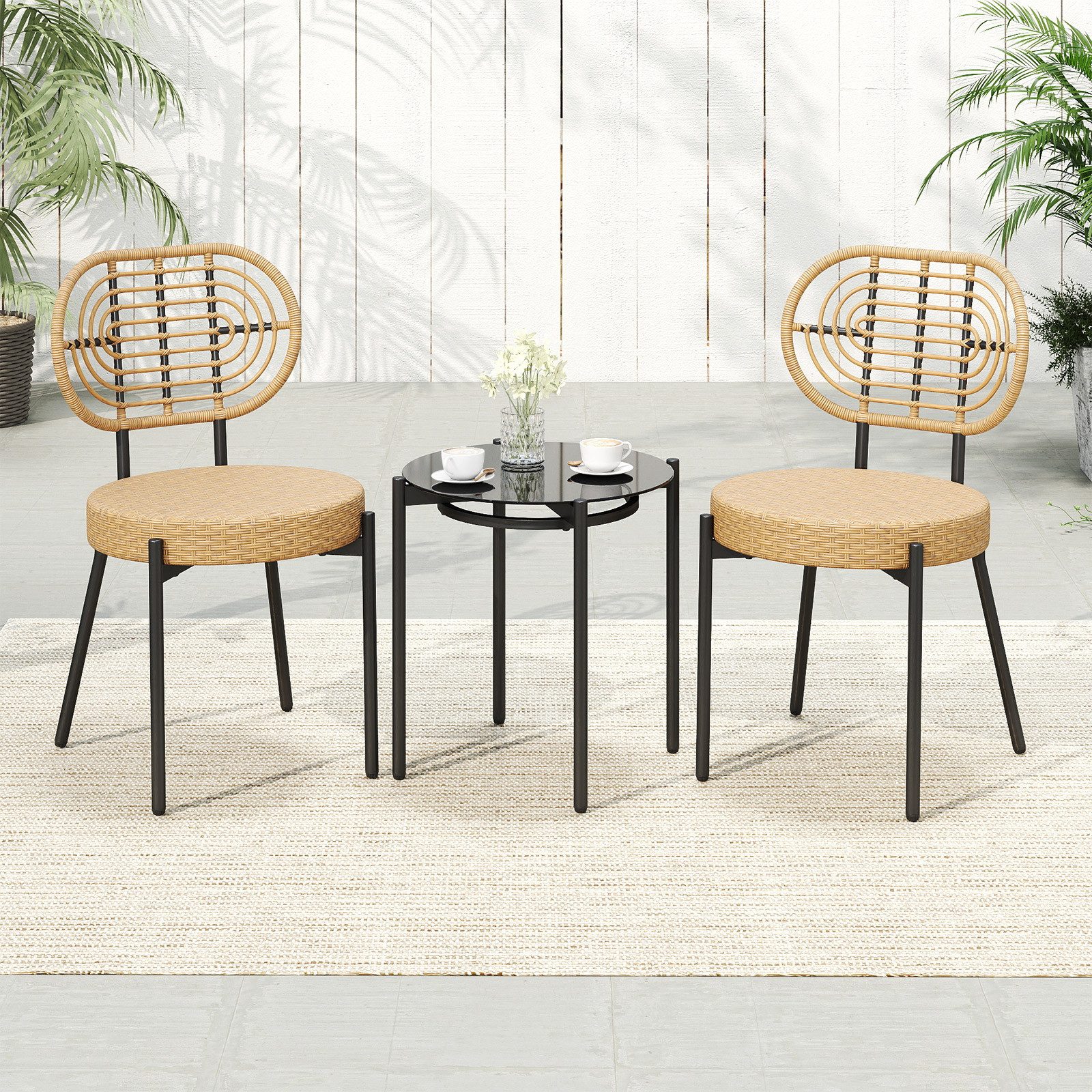 COSTWAY Balkonset, (3-tlg), Rattan Bistro-Set mit Couchtisch, für 2 Personen