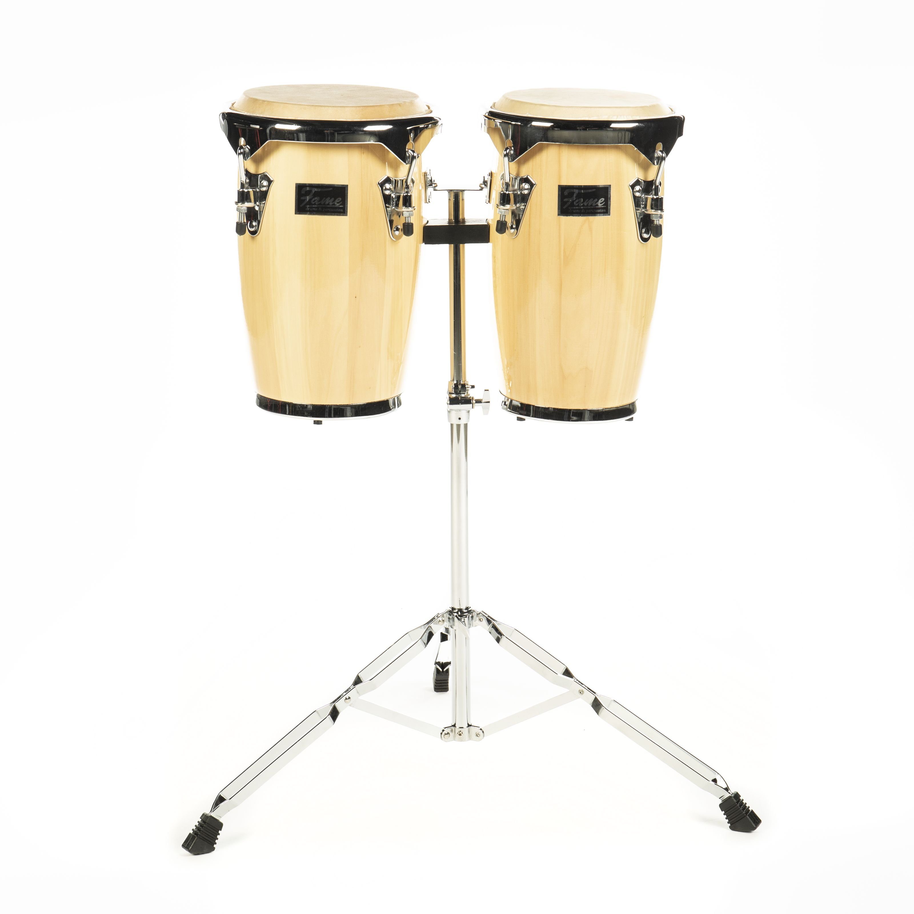 FAME Conga,Junior Conga Set 8"+9" Natural Gelb Ahorn inkl. Ständer Mechanisch Spannbares Stimmbares Büffelfell Chrome Kessel-Hardware Ideal für Einsteiger und Profis", Percussion, Congas, Junior Conga Set, Conga Set für Einsteiger, Conga Set mit Büffelfell