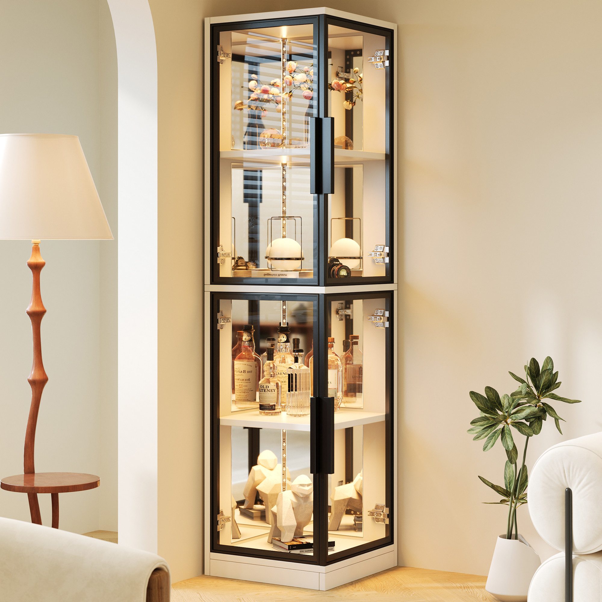 Flieks Eckvitrine Spiegelrückwand Glasvitrine Eckschrank Hochschrank mit LED-Beleuchtung (44×42×164 cm, 1-St., Multifunktionsschrank für Wohnzimmer, Schlafzimmer, Arbeitszimmer) Standvitrine Weinschrank Sammlervitrine mit 4 Glastüren, 4 Ebenen Weiß