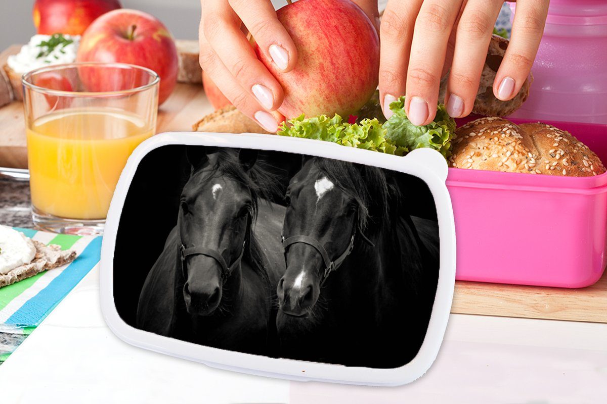 Mädchen, Kunststoff, (2-tlg), Erwachsene, Brotbox Kinder, - Pferde Kunststoff Schwarz, rosa Snackbox, - für Tiere Lunchbox MuchoWow Brotdose