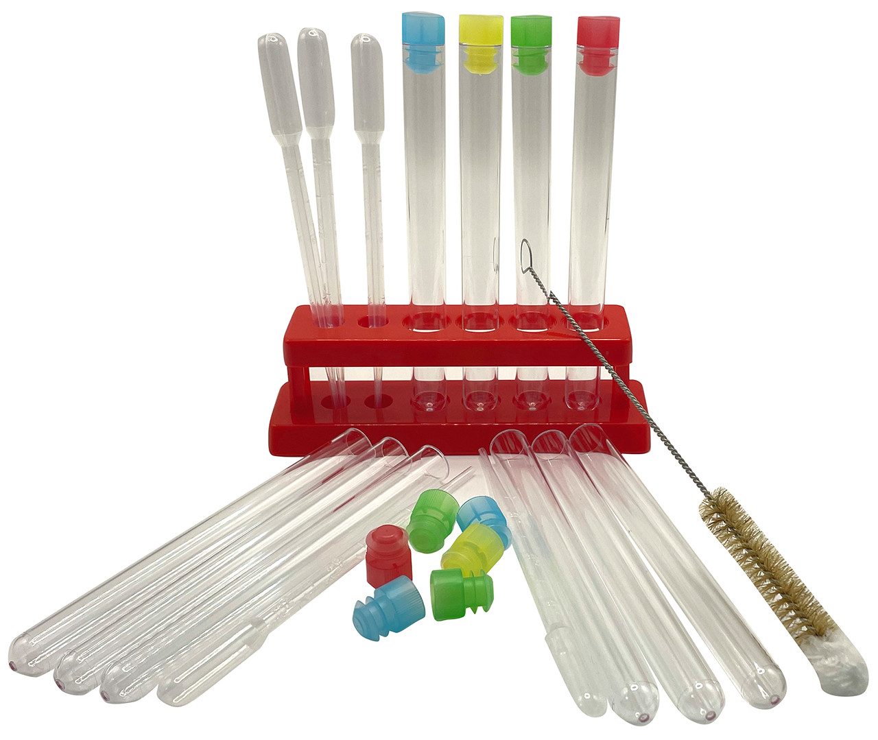 myExperimentSet Experimentierkasten Labor Basis Set mit Reagenzglasgestell aus Kunststoff, (1-tlg., Reagenzgläser/Stopfen/Reagenzglasgestell Kunststoff/Bürste/Pipetten)