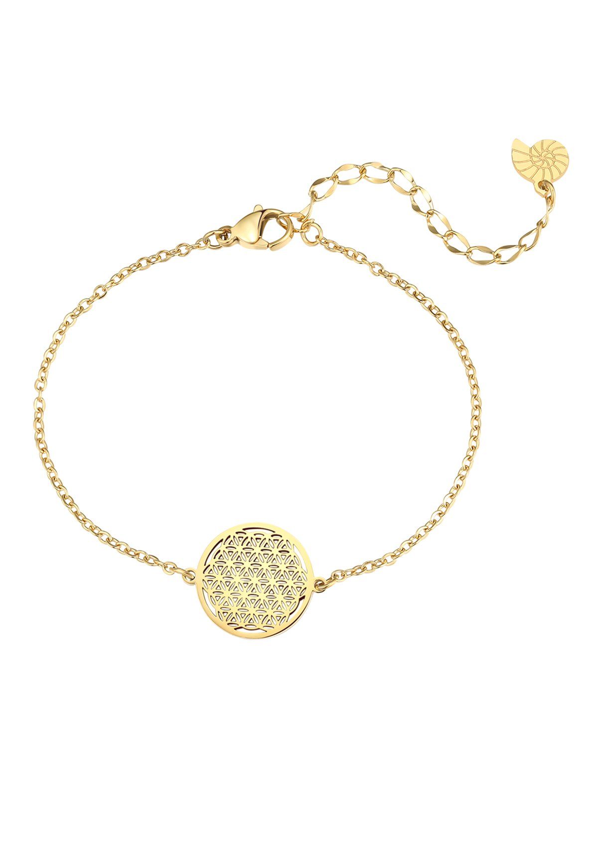 Hey Happiness Armband Edelstahl Blume des Lebens Damen 18K Gold Roségold, Armkette Anhänger Lebensblume rund, wasserfest