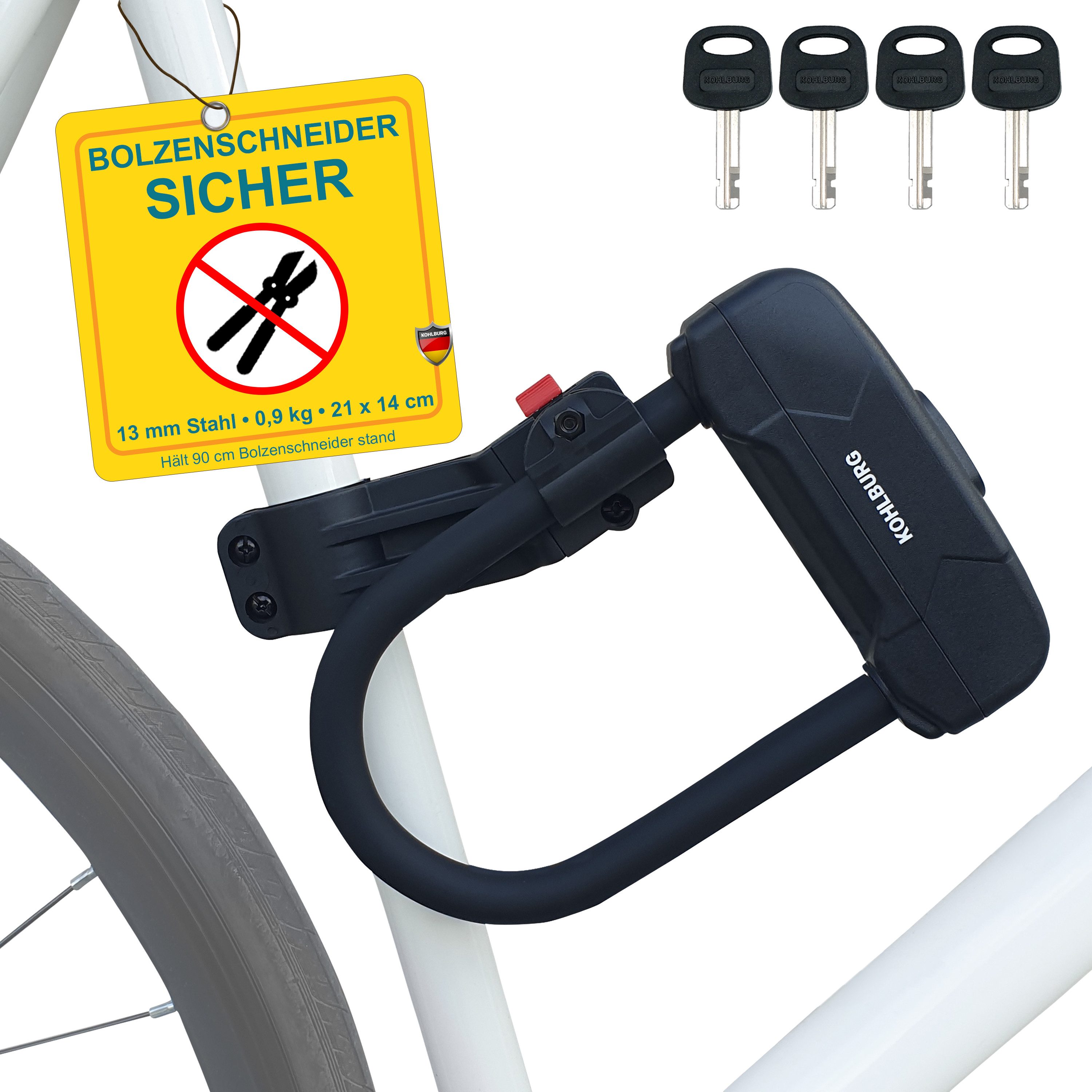 KOHLBURG Bügelschloss [klein & 900g leicht] Fahrradschloss Level 15/15 mit 4 Schlüsseln, Fahrradschloss hohe Sicherheit für Fahrrad, eBike & eScooter