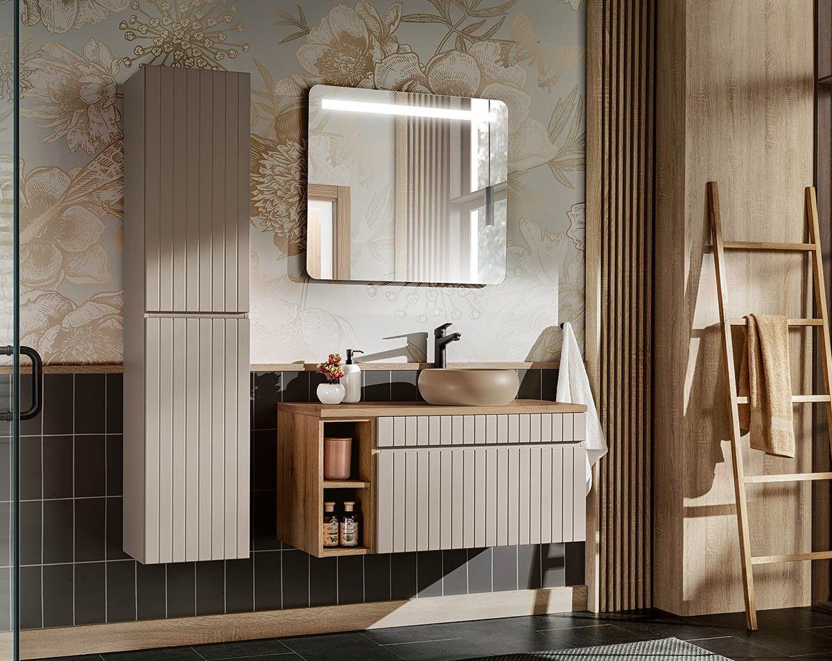 einfachgutemoebel Waschtisch-Set Badezimmer KARATA 100cm Set 3-tlg., mit Aufsatzbecken, kaschmir grey, (Badmöbel Set, 1-St., Waschtisch Set 3-tlg)
