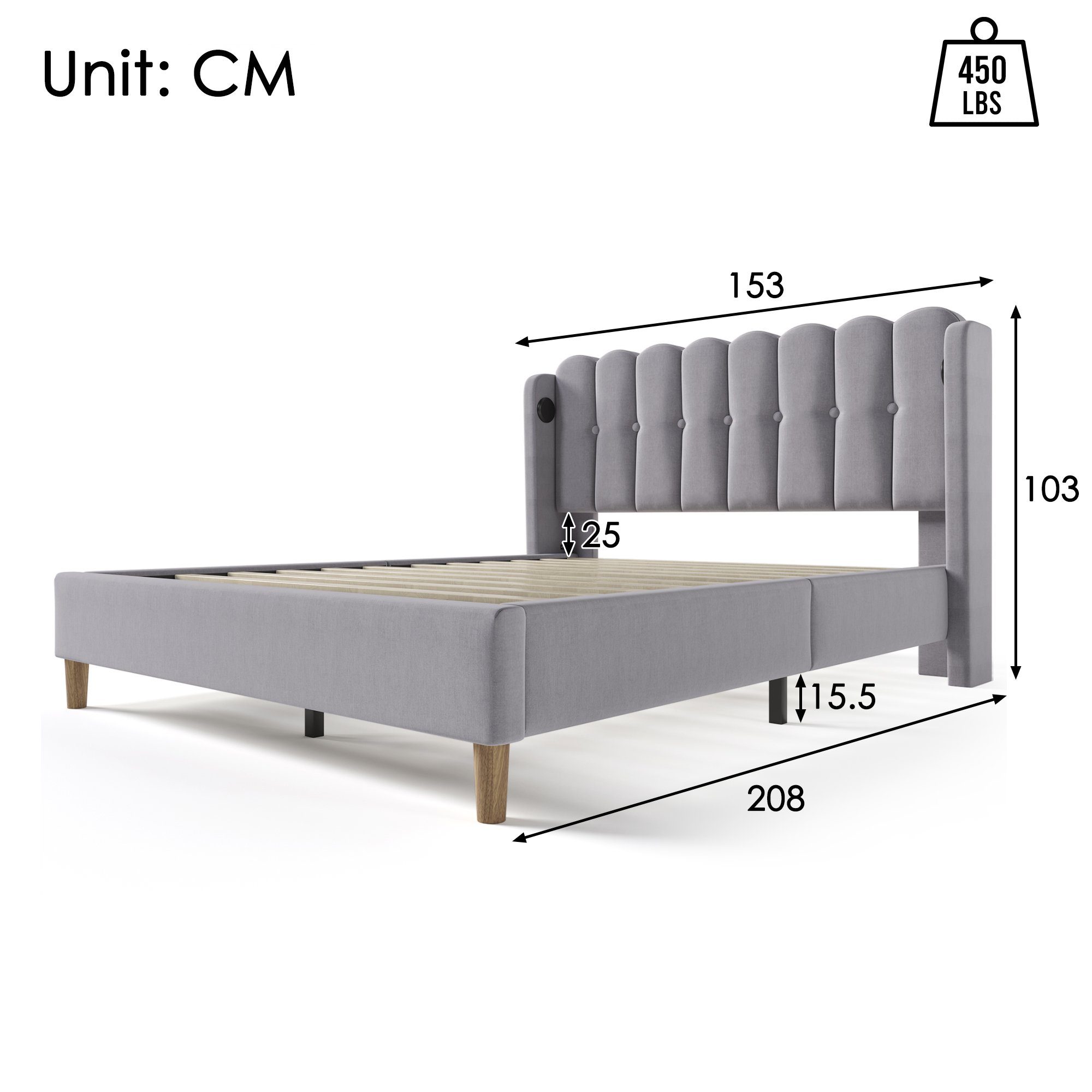 Flieks Polsterbett, Holzbett Doppelbett mit USB/Typ-C Ladeanschlüsse 140x200cm grau Leinen