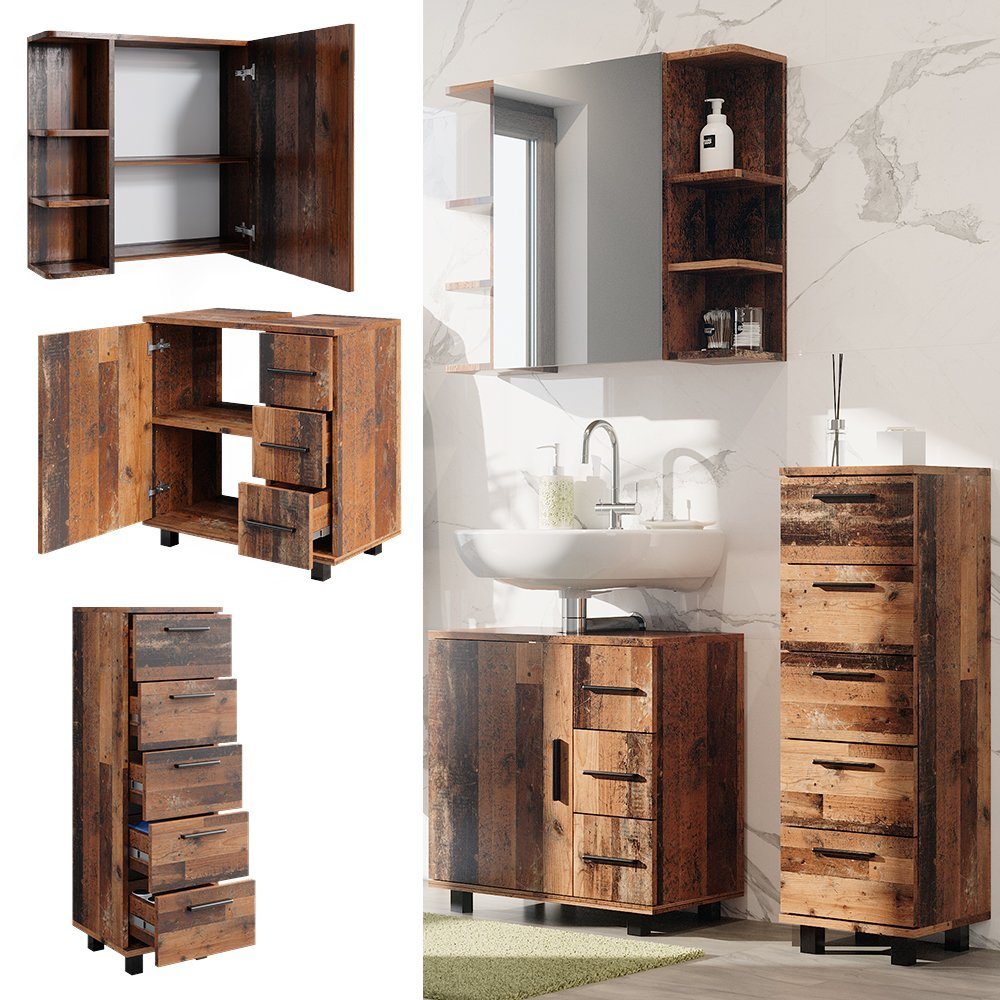Vicco Badmöbel-Set Ilias, Eiche rustikal, 3 Teile, mit Midischrank, (3-St., 3er Set)