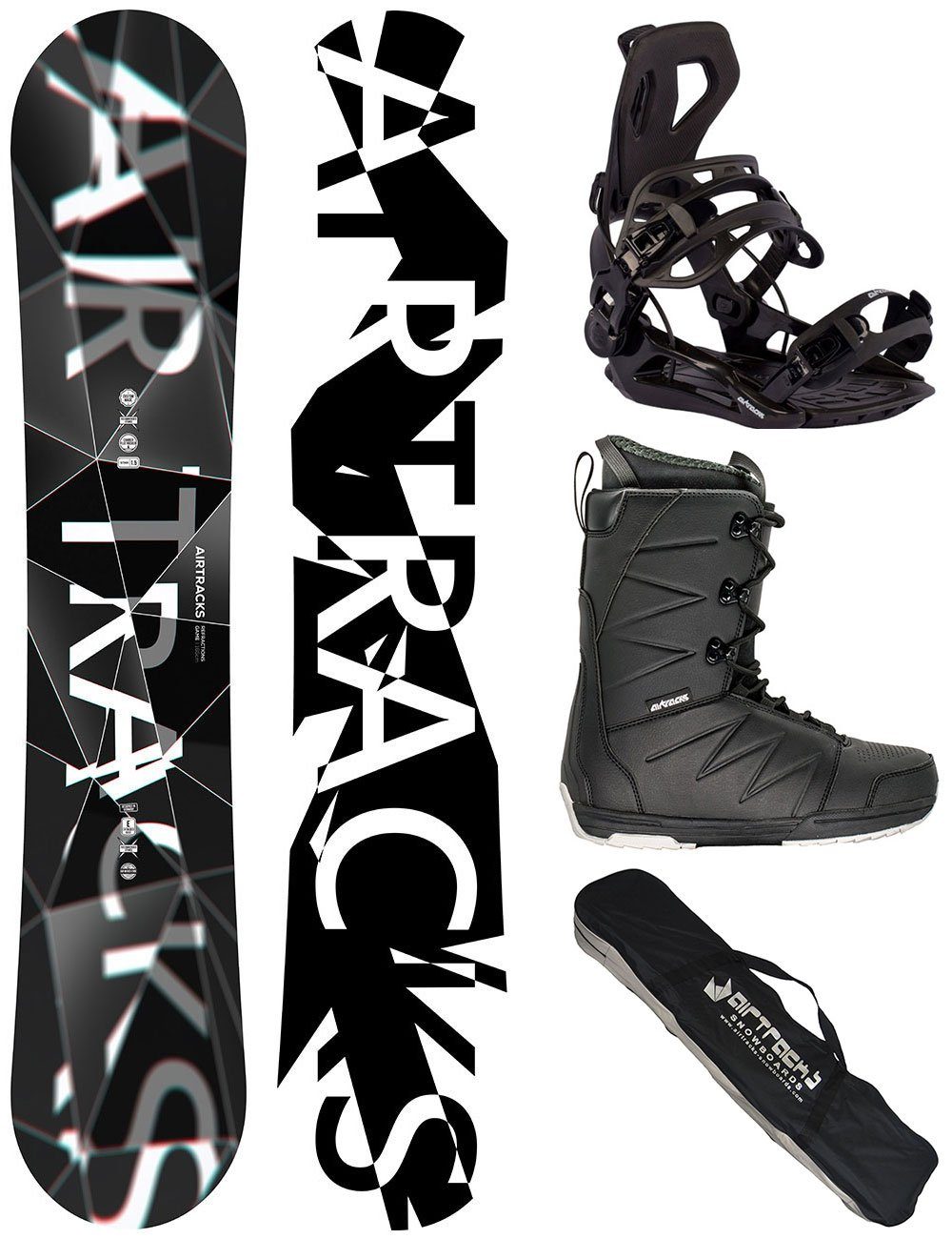 Airtracks Snowboard Snowboard Komplett Set Refractions Game Wide / Mod. 24 (4 St., 4er Pack), Snowboard + Bindung Master + Boots + Bag / 155 159 161 165 168 171 cm