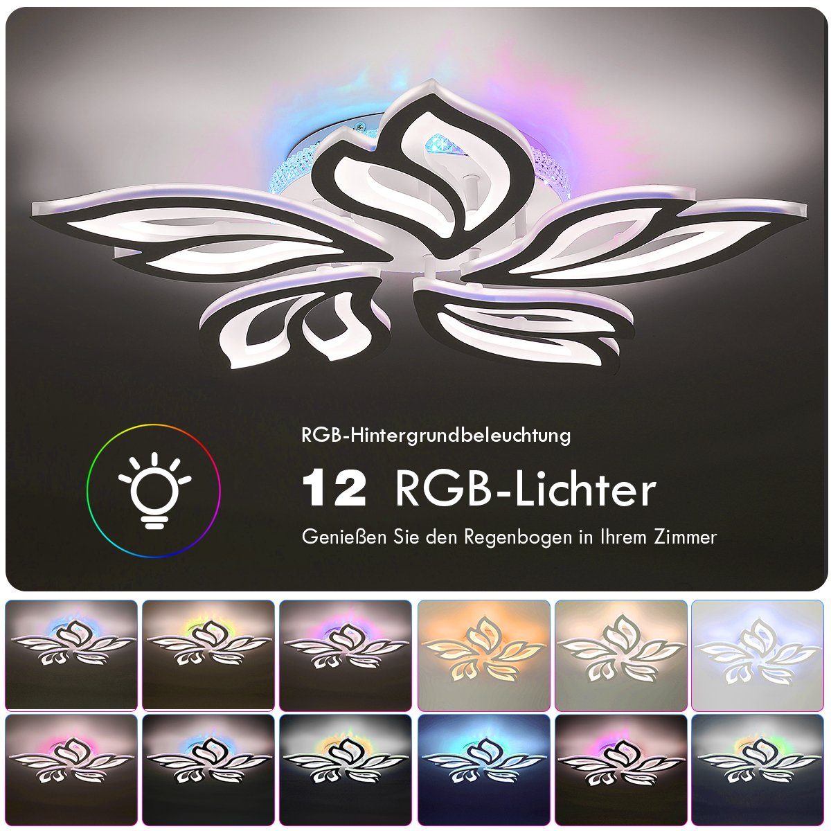 oyajia LED Deckenleuchte 54W Deckenleuchte mit RGB Farbwechsel Lamp, Dimmbar mit Fernbedienung, LED fest integriert, Kaltweiß/Naturweiß/Warmweiß+RGB Hintergrund – Bild 4 von 5