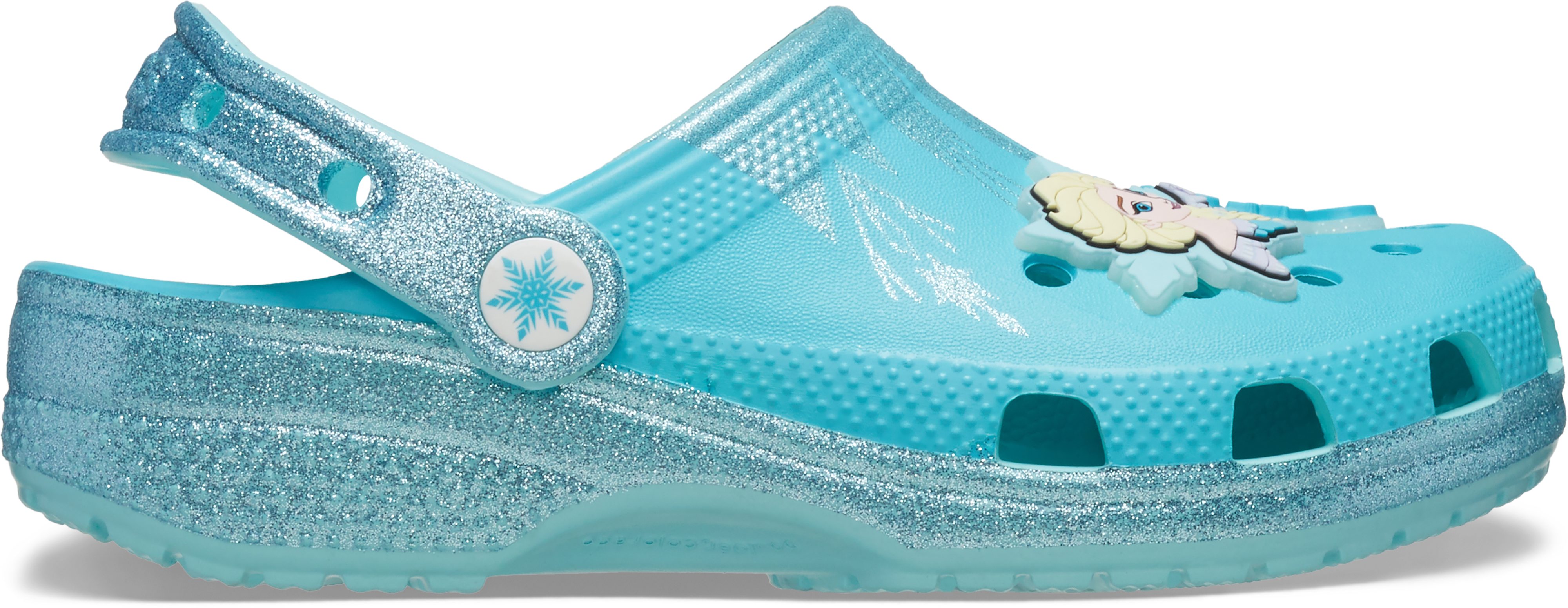 Crocs Disney Frozen Elsa Classic Clog Clog Hausschuh, Sommerschuh, Strandschuh mit Glitzer – Bild 4 von 5