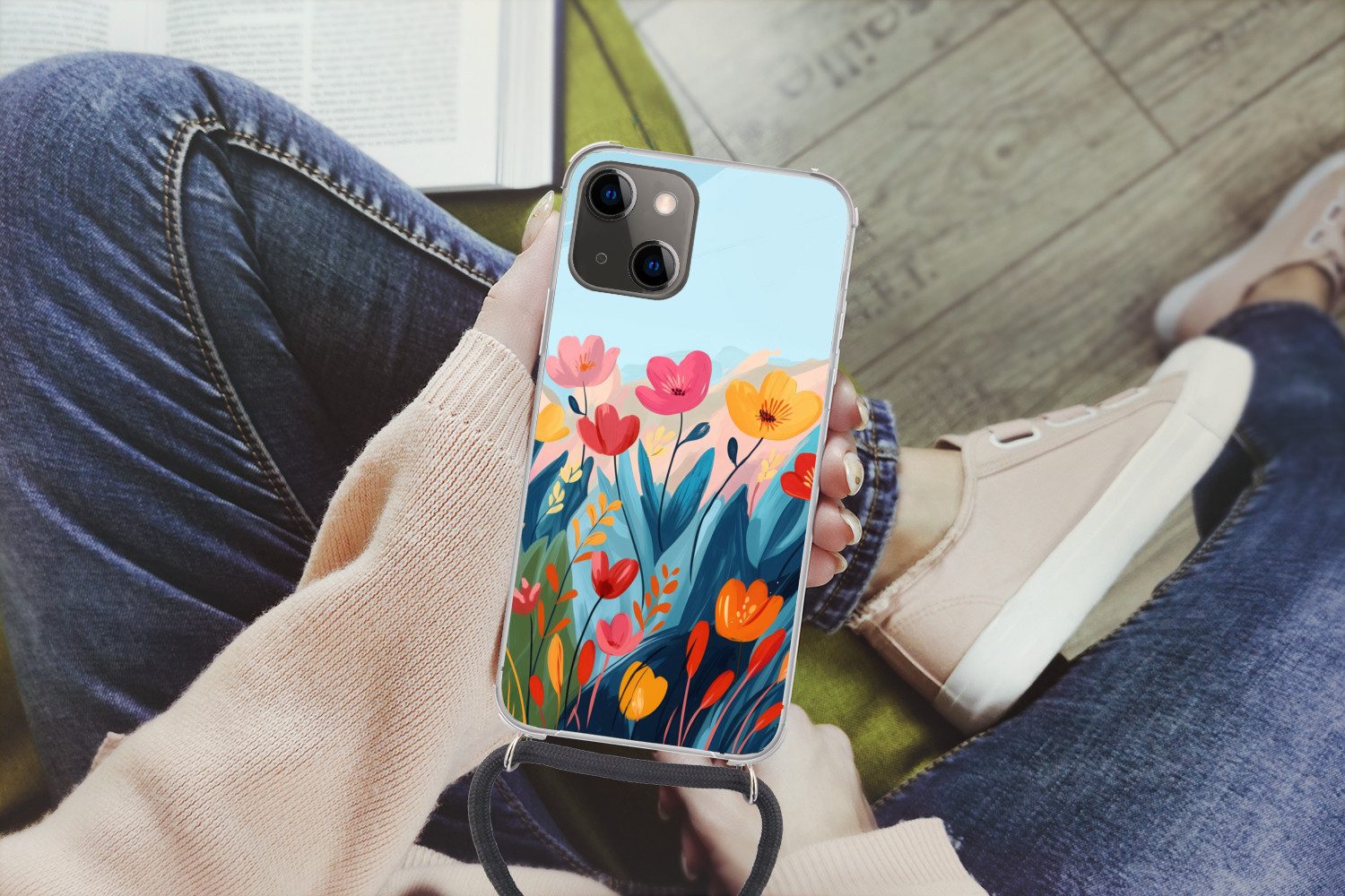 MuchoWow Handyhülle für Apple iPhone 13 Mini Illustration - Blumen - Farbenfroh, Tragbare Handyhüllen mit Kette zum umhängen, Handykette Handyband