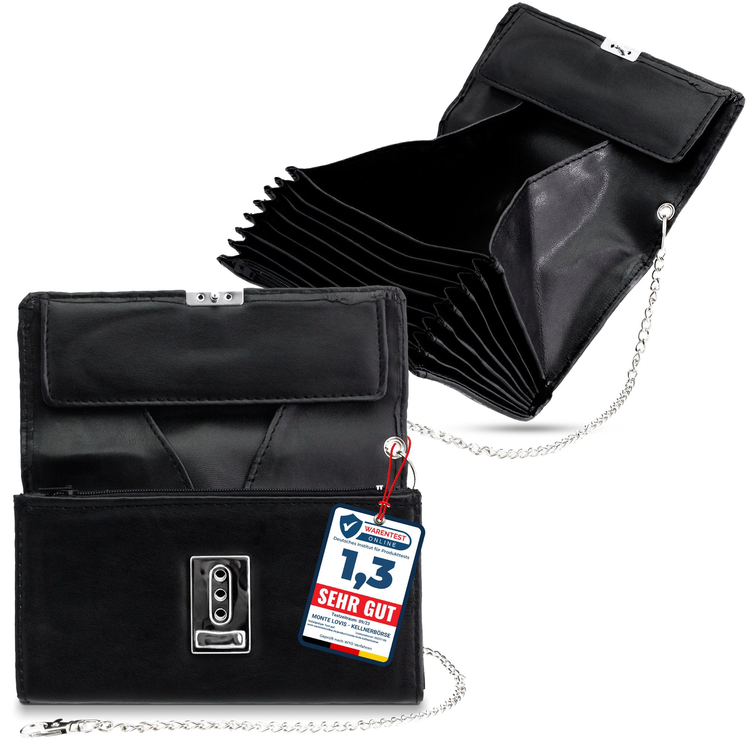 Oramics Kellnerbörse Taxi-Börse Schwarz Geldbörse Reisegeldbeutel Portmonee Geldbeutel (für Kellner, Bedienungen, Friseure, Imbissbuden, Taxifahrer und mehr, elegante Kellnertasche mit ca. 40cm langen Kette und Befestigungshaken), Reißverschluss Münzfach, 7 Geldscheinfächer und 3-Stufen Verschluss