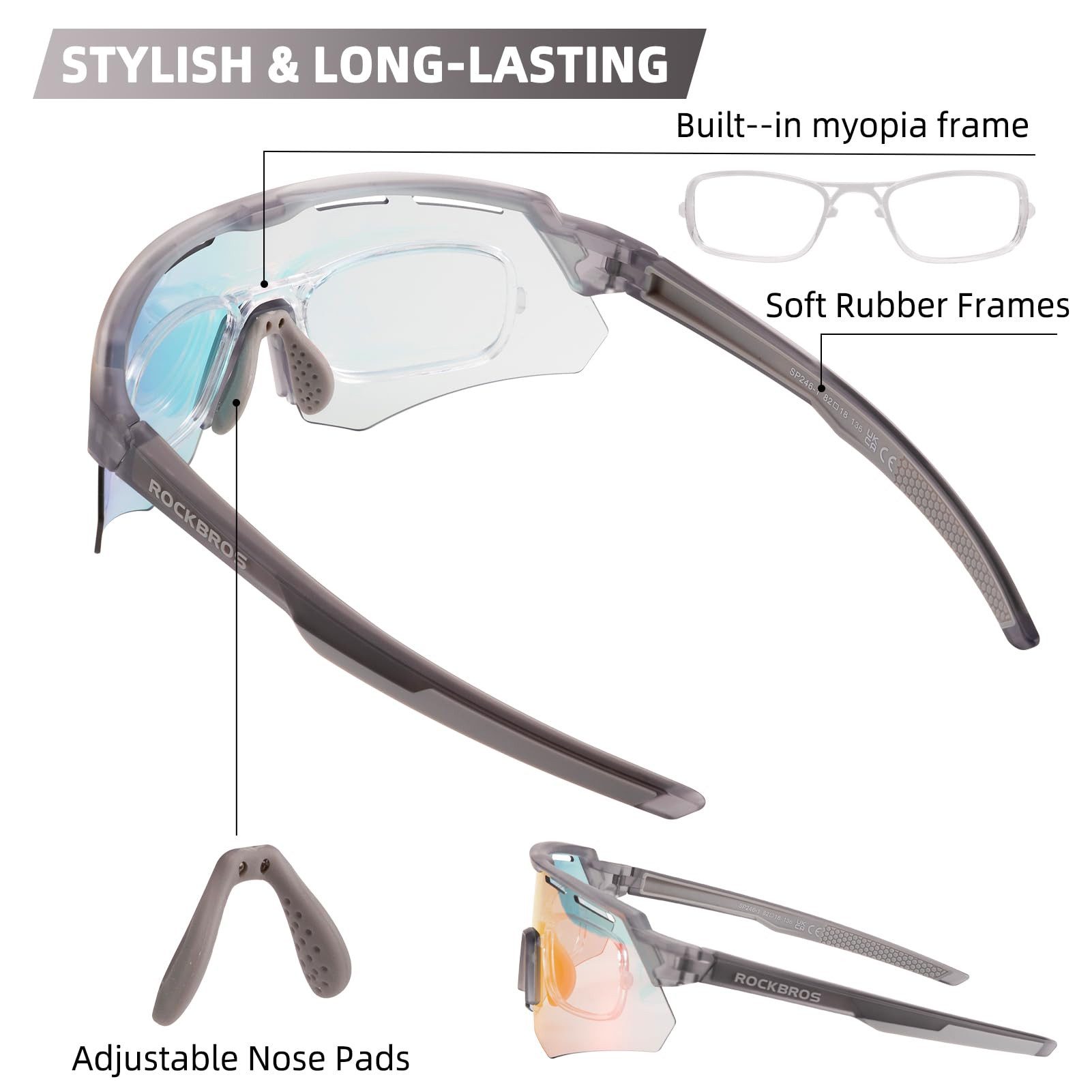 ROCKBROS Fahrradbrille Fahrradbrille Photochromatisch, (Dutdoor-Laufen Sport Rennrad Winddichte Brille, für Kurzsichtige Unisex), Photochrome Linsentechnologie – Bild 5 von 5