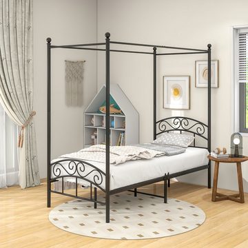 WISHDOR Metallbett Einzelbett Jugendzimmer mit Lattenrost (Schwarz 90x190cm), mit Himmel Metallbett Klassisch Design, für Schlafzimmer
