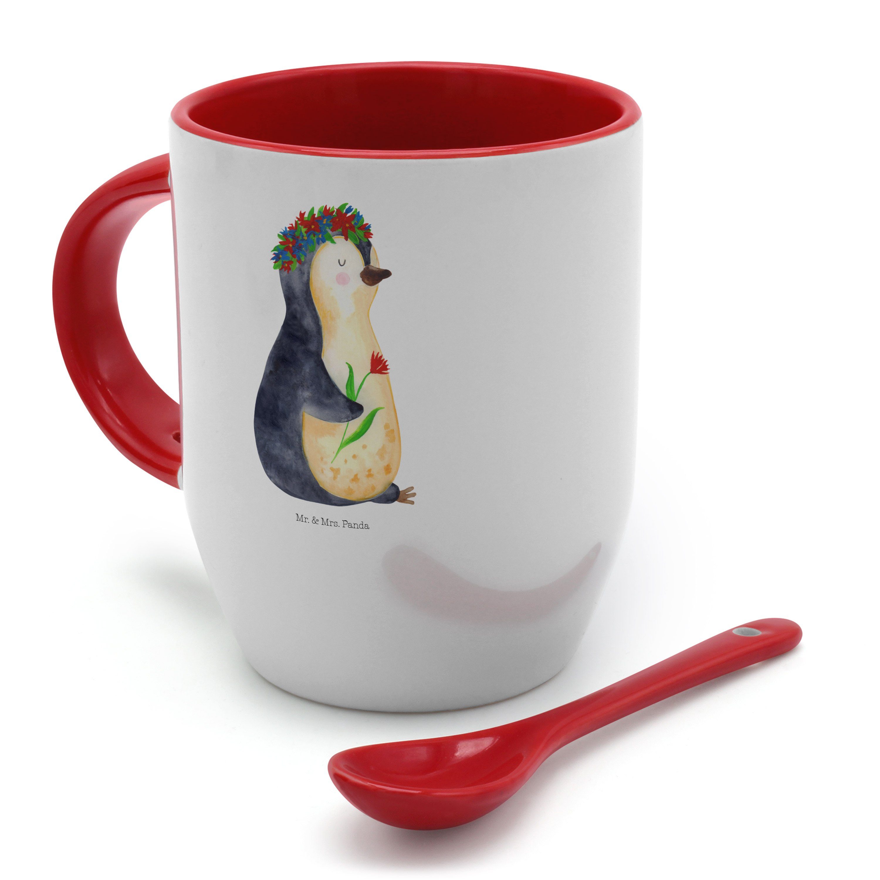 & Kaffeetasse, Keramik Tasse, Geschenk, Pinguin Pinguine, Mr. - Tasse Panda - Blumenkranz Mrs. Weiß
