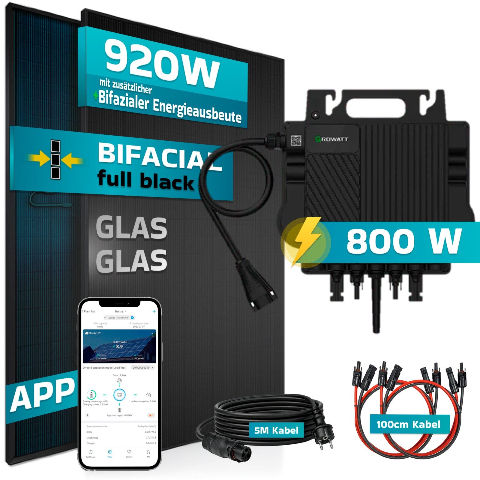 SUNNIVA Balkonkraftwerk 920W BIFAZIAL FULLBLACK komplett Steckdose, (GROWATT NEO-800M-X Watt Wechselrichter, PV Solaranlage Komplettset,2x460W Glas-Glas Bifacia – Bild 2 von 5