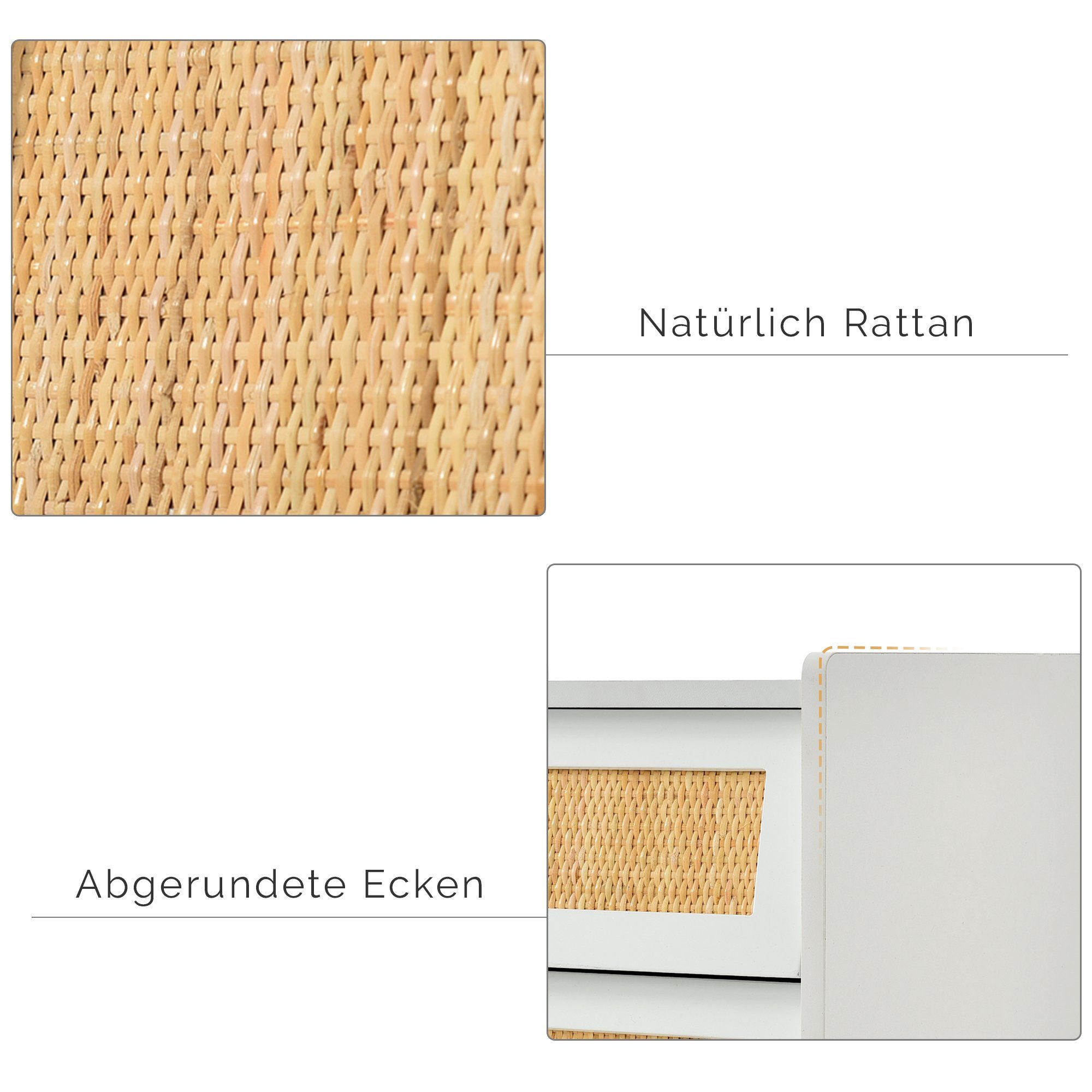 Nachttisch (1-St., Beistelltisch Nchtkommode), Nachtschrank mit 2 Schubladen, aus Rattan & Massivholz, 55x43.5x35 cm