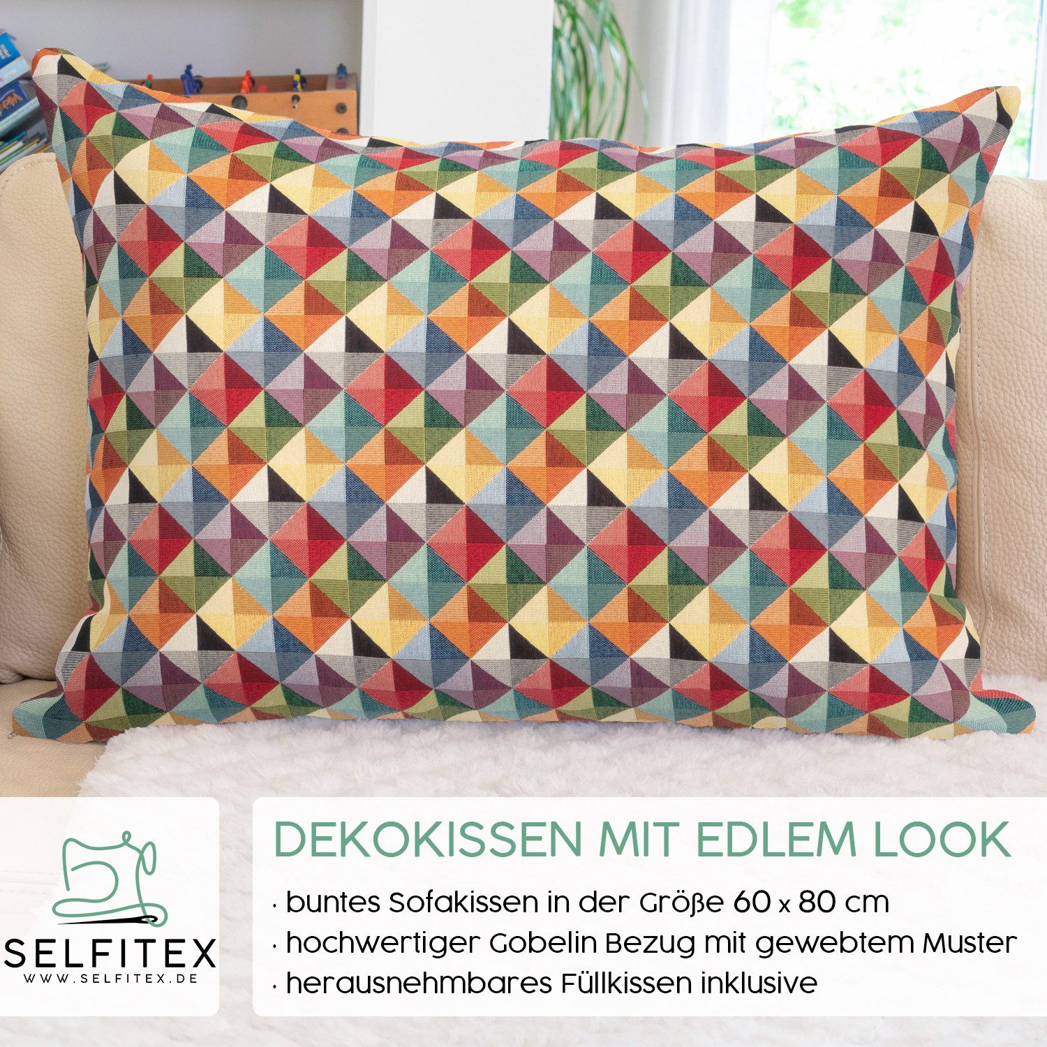 Selfitex Dekokissen XXL 60x80, inkl. Füllkissen, bunter Gobelin-Stoff, Sofakissen aus einer Baumwollmischung, für Bett und Couch.