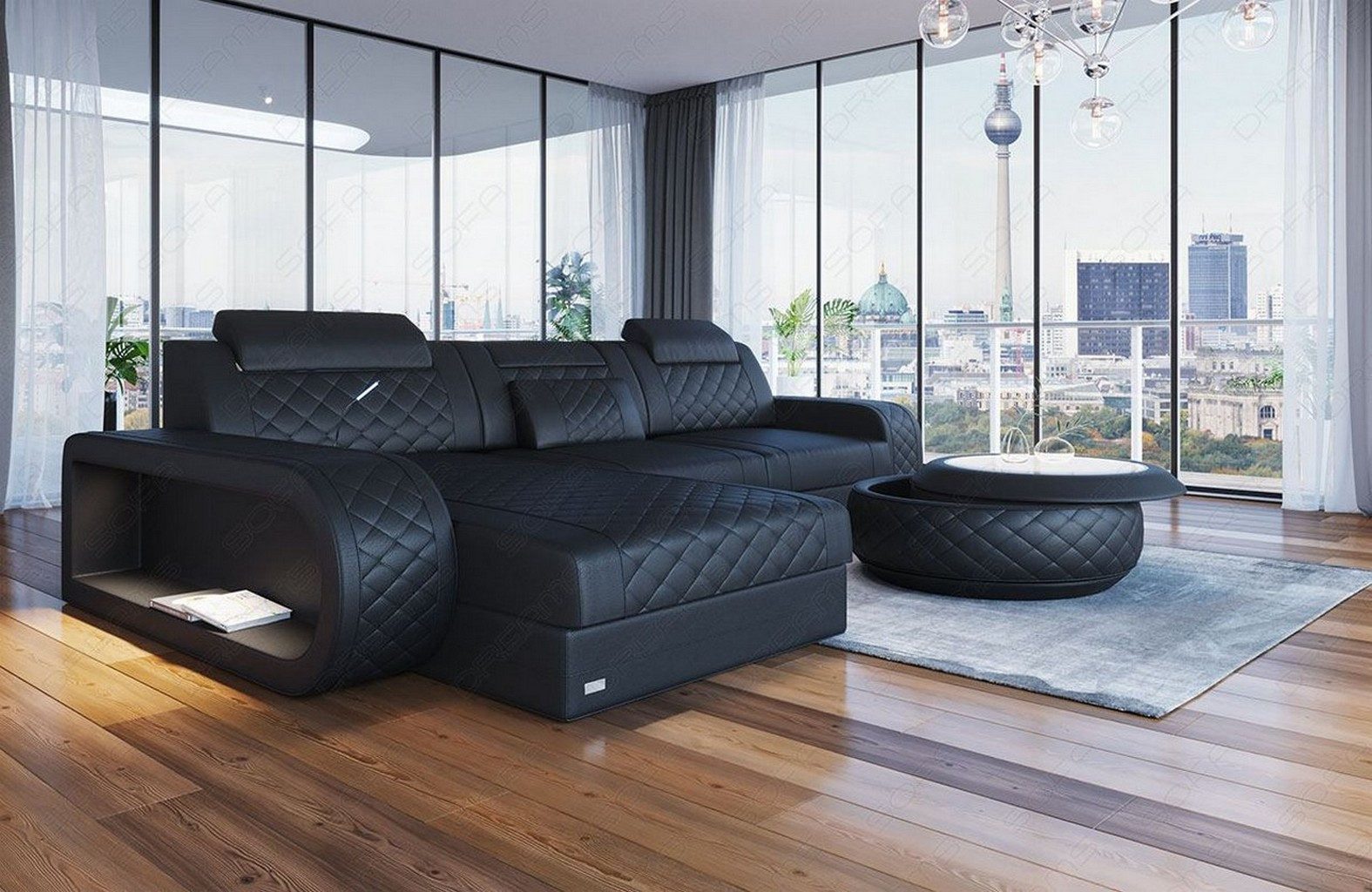 Sofa Dreams Ecksofa Berlin L Form Leder, Ecksofa, Ottomane, LED-Beleuchtung, Breite: 308cm, Zierkissen, 4-Sitzer, USB