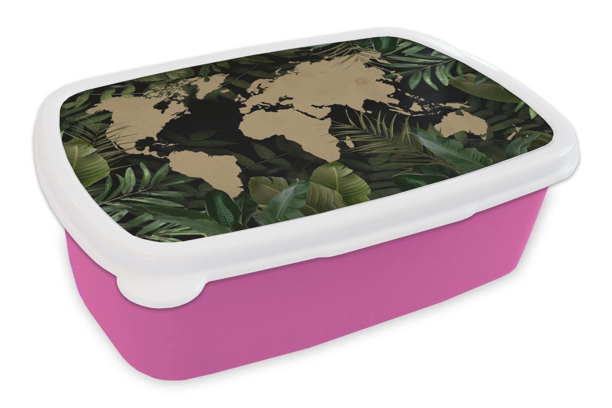 MuchoWow Lunchbox Weltkarte - Blätter - Braun, Kunststoff, (2-tlg), Brotbox für Erwachsene, Brotdose Kinder, Snackbox, Mädchen, Kunststoff rosa | Lunchboxen