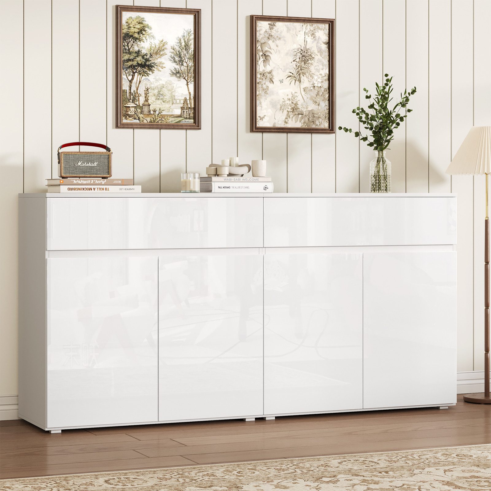 SVEYLXA Sideboard mit Hochglanzfronten & 2 Schubladen & 4 Türen, für Küche & Wohnzimmer (1 St), 160×40×80cm, weiß