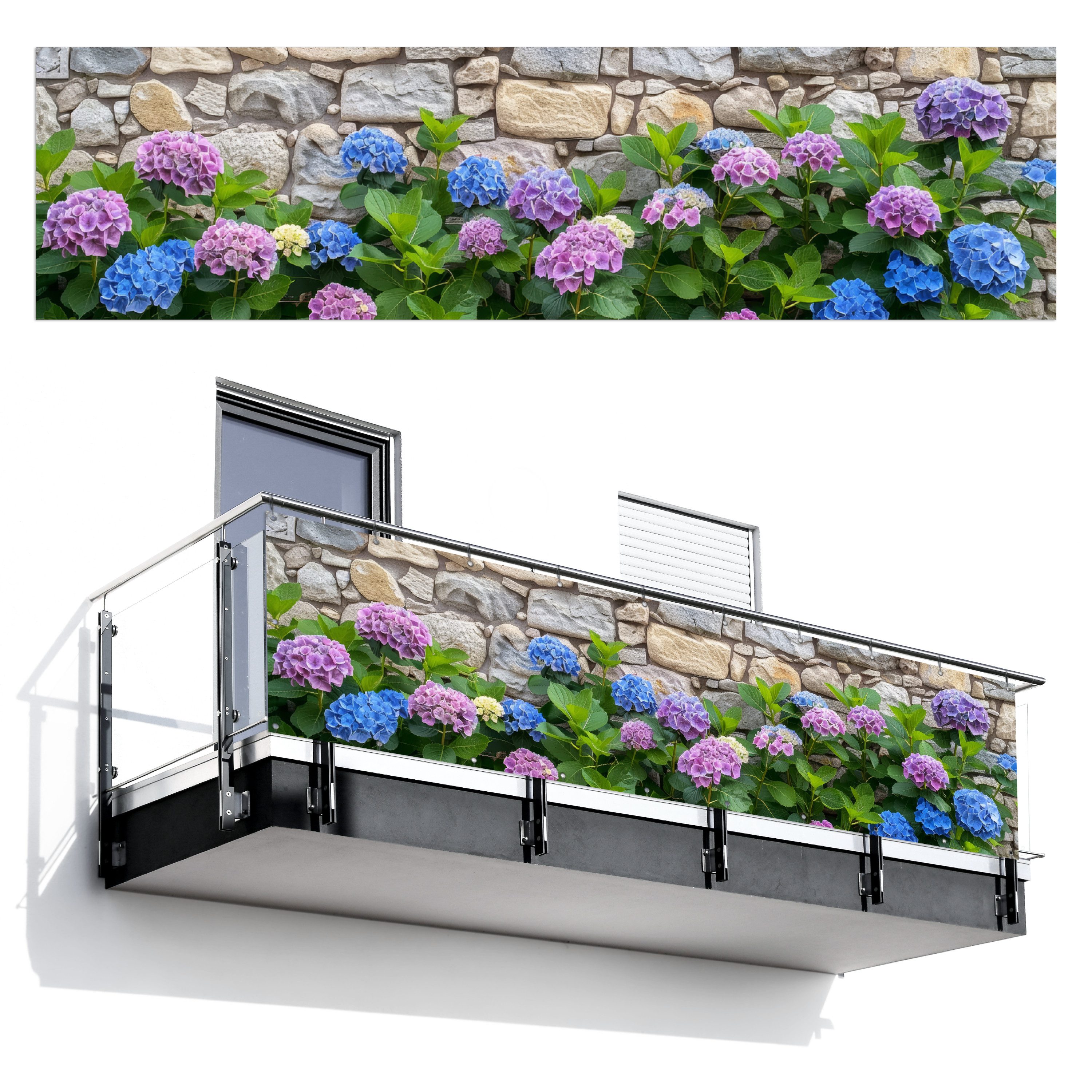 MuchoWow Balkonsichtschutz Hortensie - Blumen - Blätter - Steine (1-St) Balkonverkleidung Sichtschutzmatten, 80 cm hoch, 300x80 cm