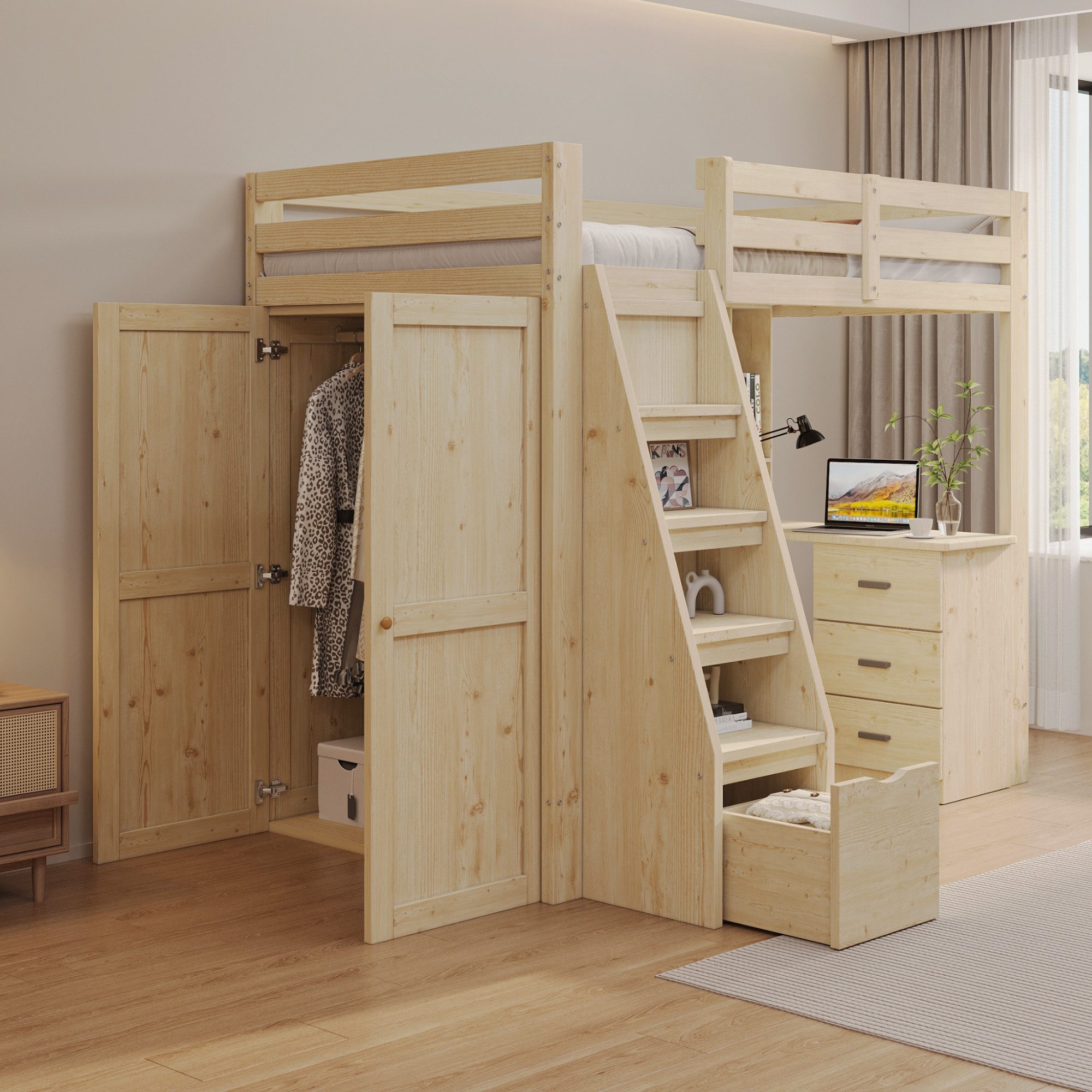 Merax Hochbett (1-St., Jugendbett Einzelbett) Massivholzbett günstig online kaufen