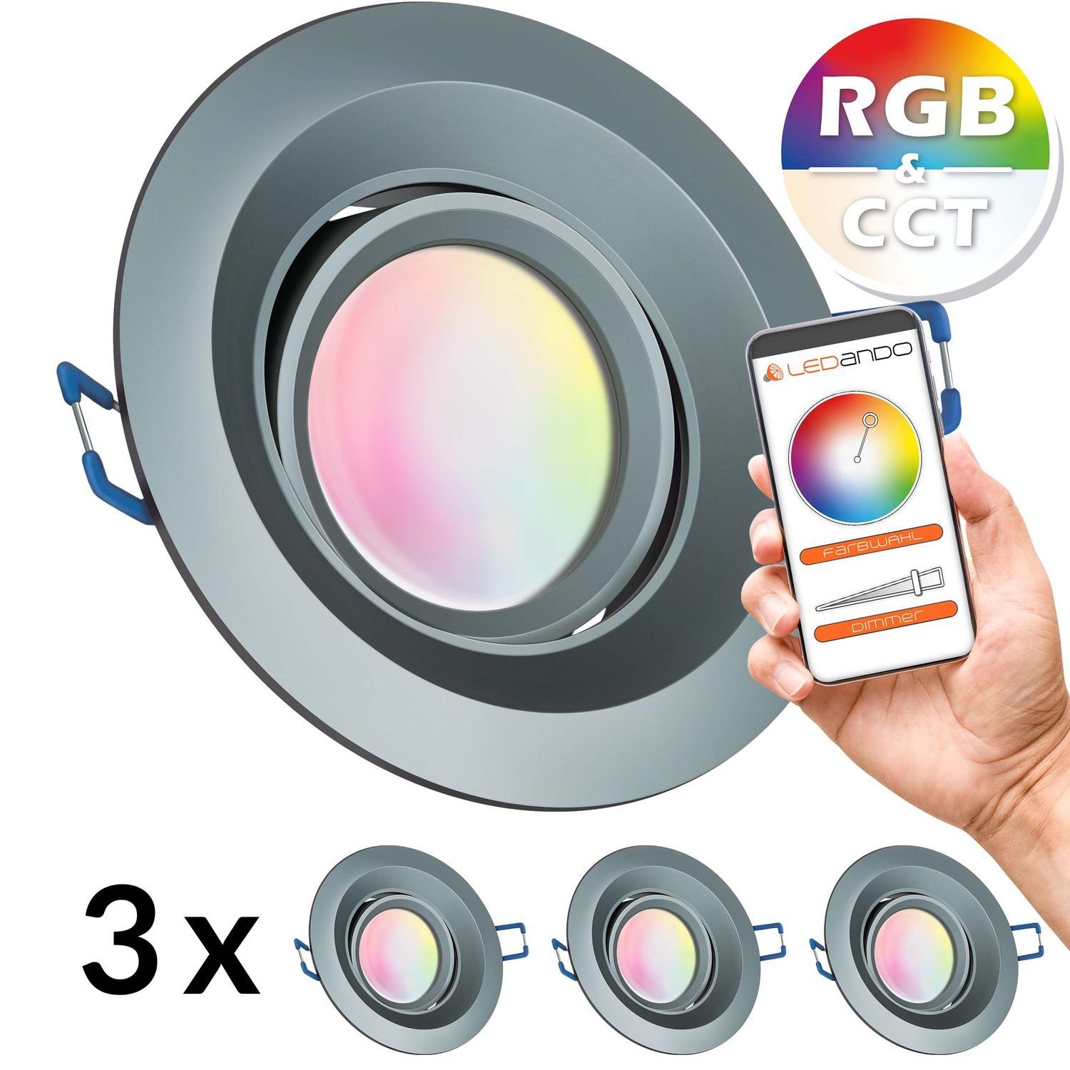 LEDANDO LED Einbaustrahler 3er RGB - CCT LED Einbaustrahler Set extra flach in anthrazit mit 5W L