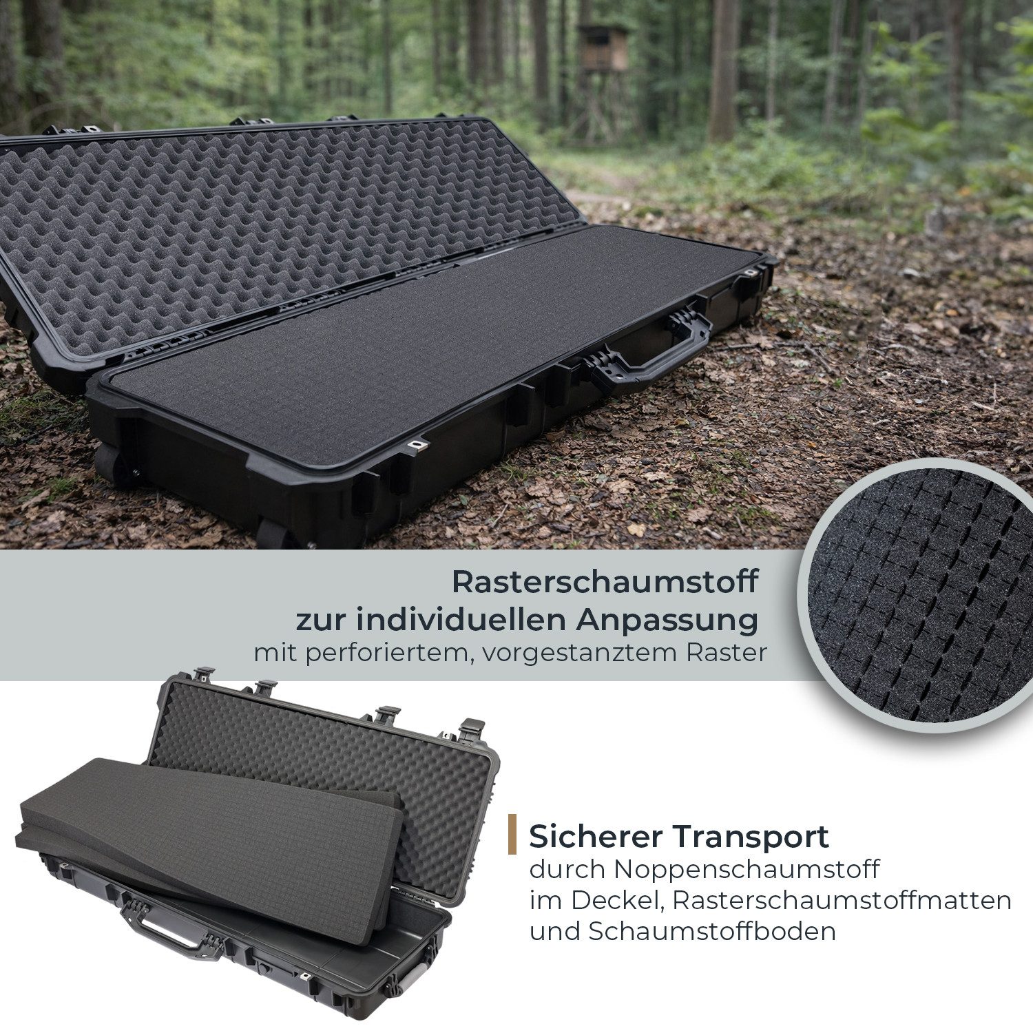HMF Transportbehälter vielseitiger Transportkoffer, robuster Outdoorkoffer, Rasterschaumstoff, 113 x 42 x 16,5 cm, schwarz