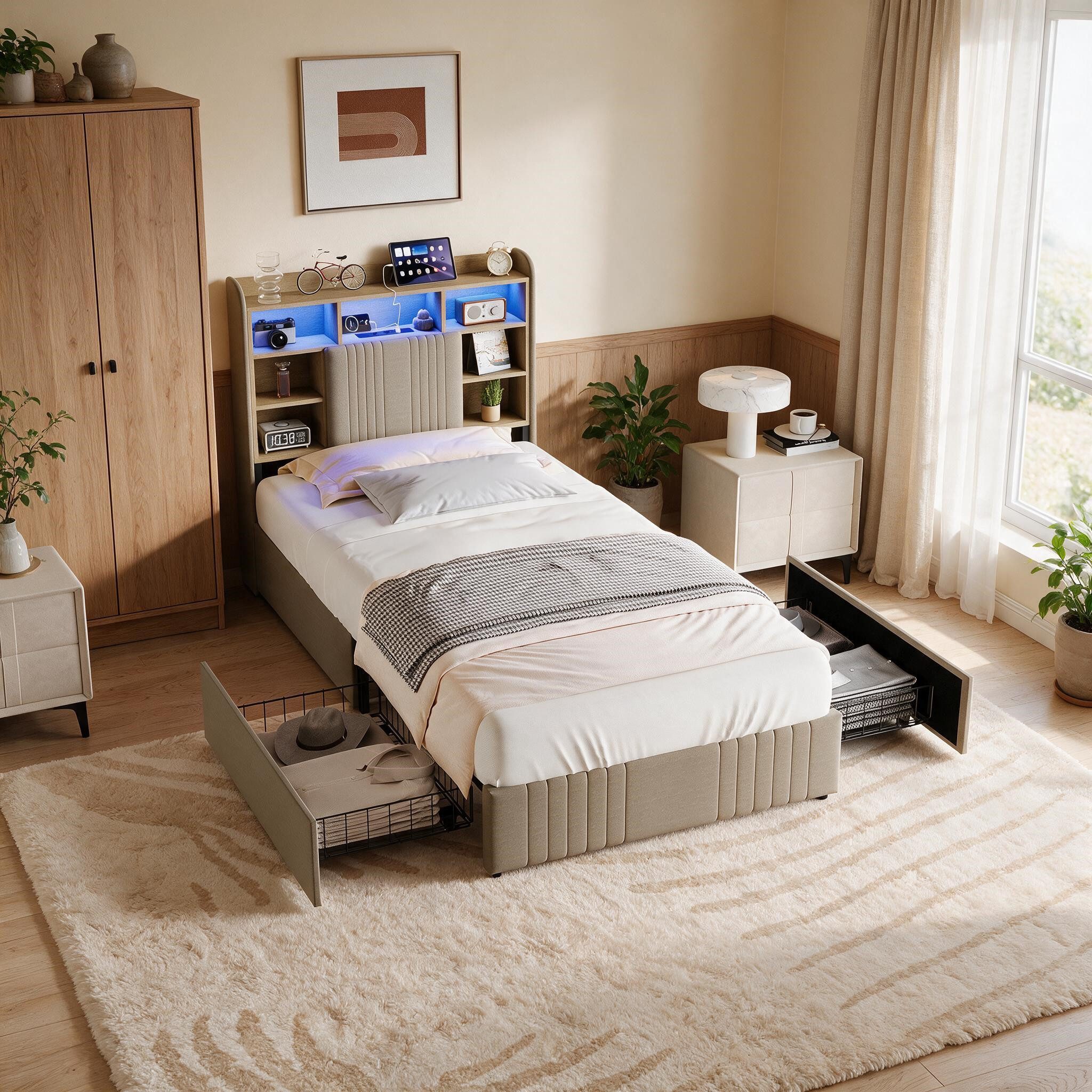 Simurq Einzelbett Polster‑Einzelbett 90x200 cm mit Stauraum‑Kopfteil, LED, USB, Leinen