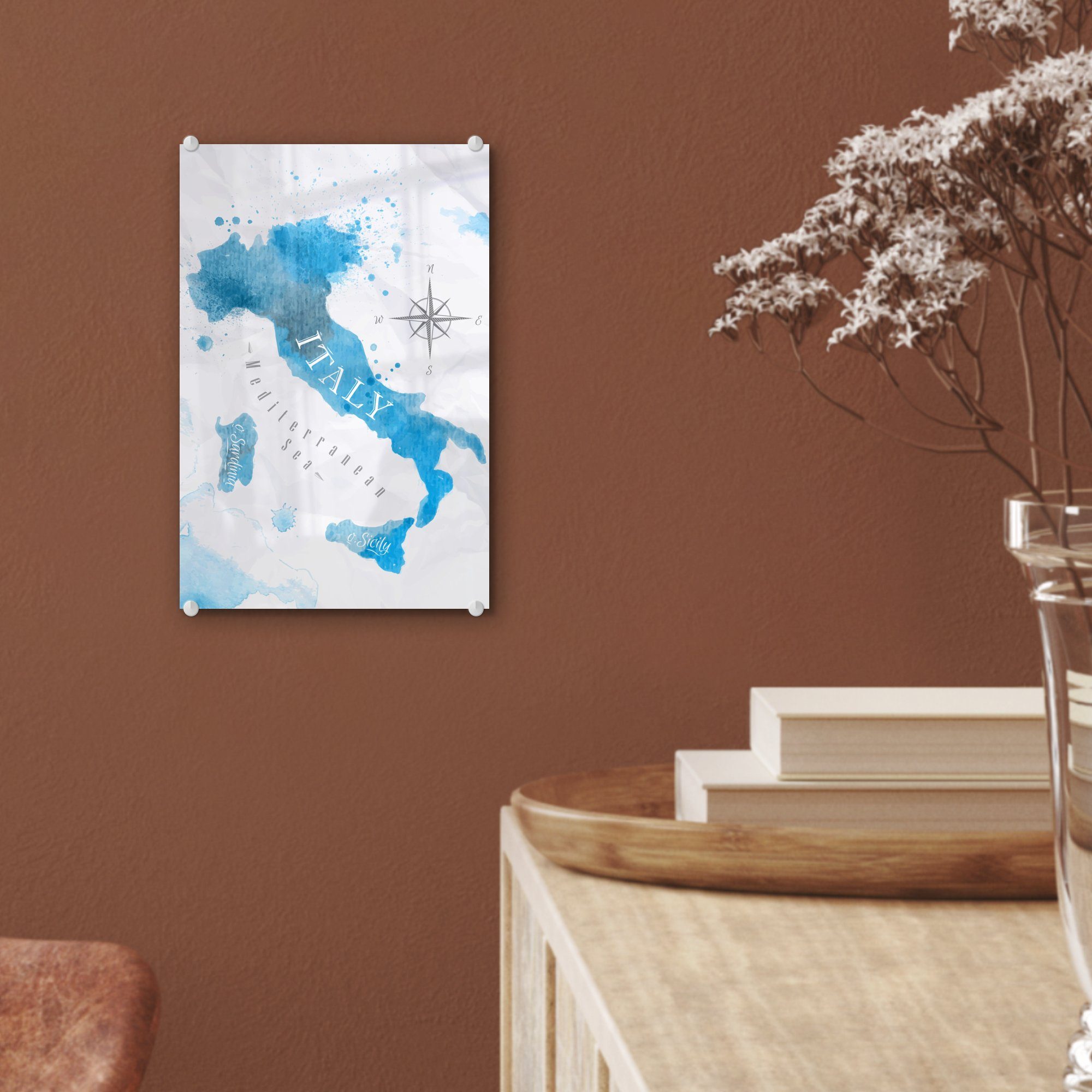 MuchoWow Acrylglasbild Weltkarte auf Glas Glas Blau Glasbilder Bilder - (1 Italien, auf - - - - Wanddekoration St), Wandbild Foto