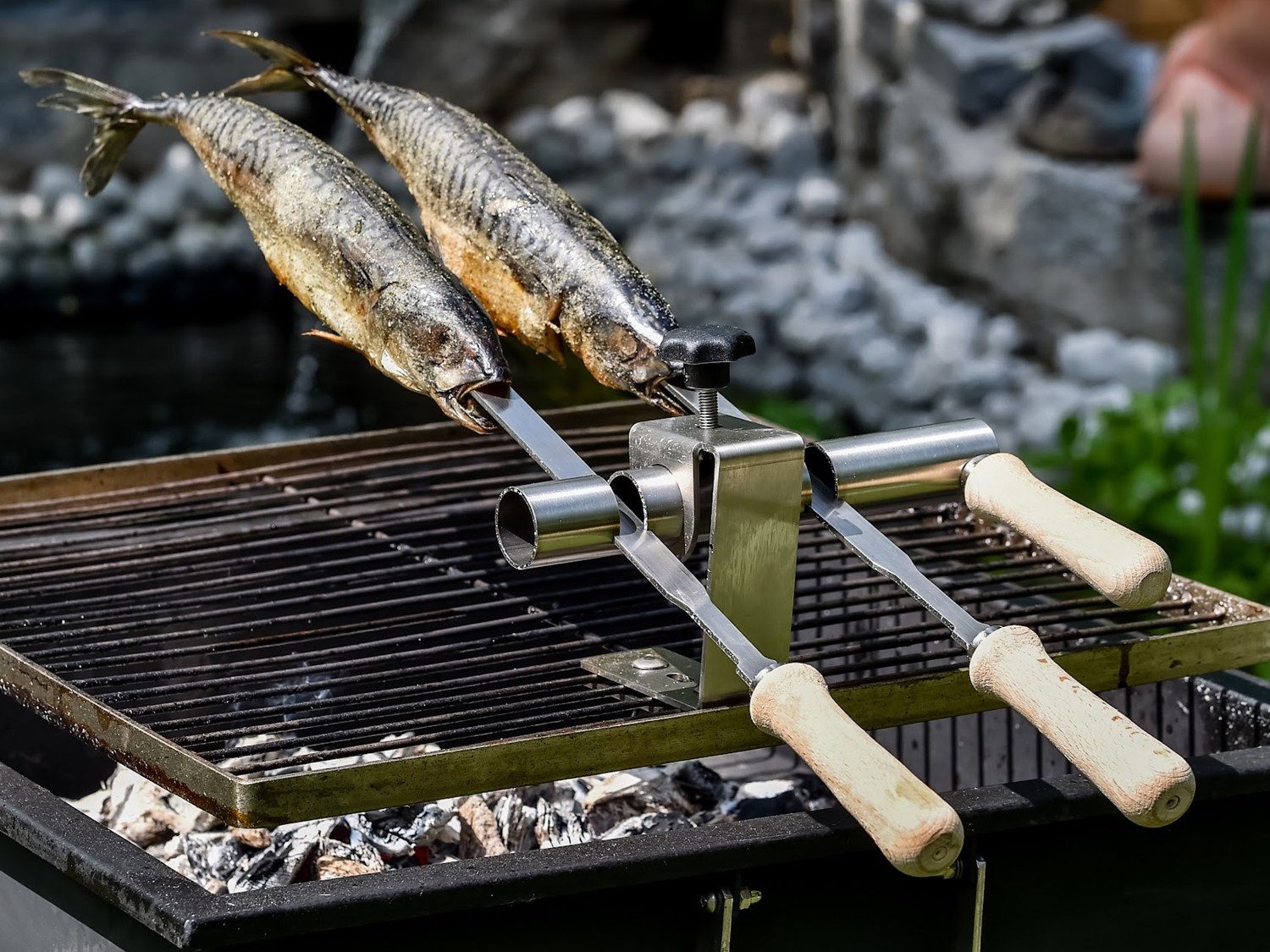 Schilling Fischgrilltechnik Grillguthalter Gasgrill Holzkohlegrill Edelstahlspieße kleine Roste für Steckerlfisch, Edelstahl & Buche, (Komplettset, Halterung, Spieße, Schrauben, Griffe, Anleitung + Probegewürz), Stabiler Grillrost Steckerlfischhalter - traditionelles Fischgrillen