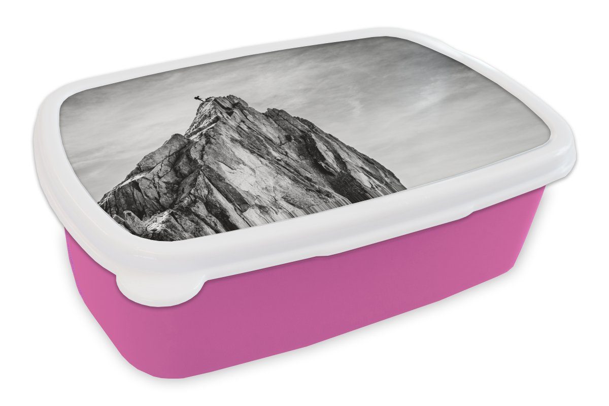 MuchoWow Lunchbox Berg - Natur - Klettern - Schwarz und weiß, Kunststoff, (2-tlg), Brotbox für Erwachsene, Brotdose Kinder, Snackbox, Mädchen, Kunststoff rosa