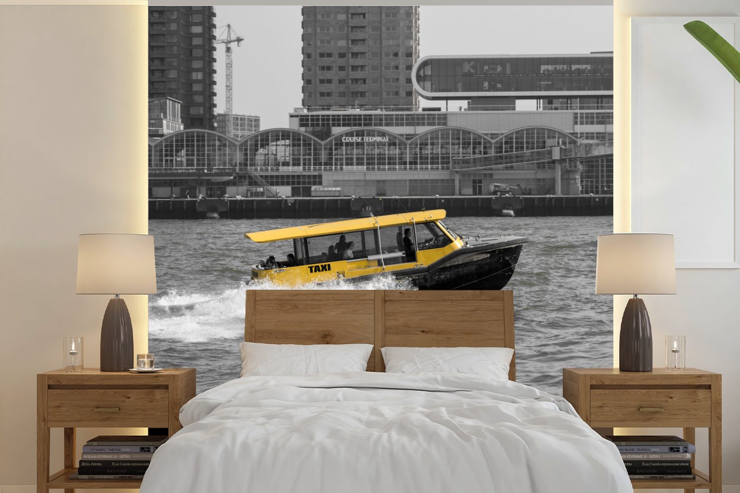 MuchoWow Fototapete Schwarz-Weiß-Fotografie eines Bootes in der niederländischen Stadt, Matt, bedruckt, (5 St), Vinyl Tapete für Wohnzimmer oder Schlafzimmer, Wandtapete