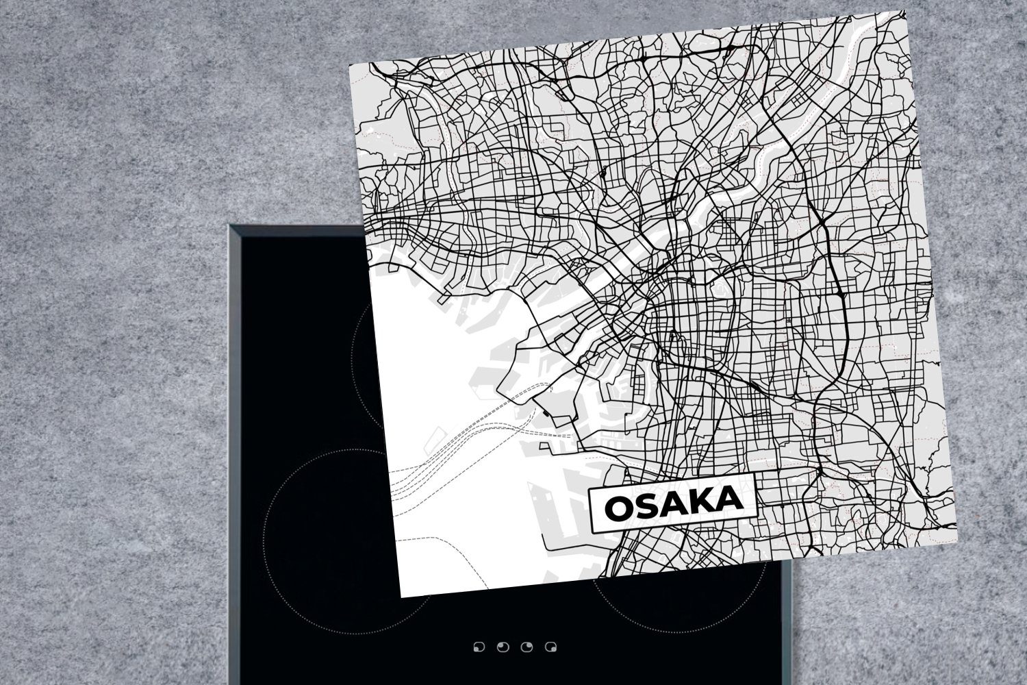cm, für Schwarz - und Osaka - - 78x78 MuchoWow Karte, (1 küche tlg), Herdblende-/Abdeckplatte weiß Stadtplan Arbeitsplatte Ceranfeldabdeckung, Vinyl,