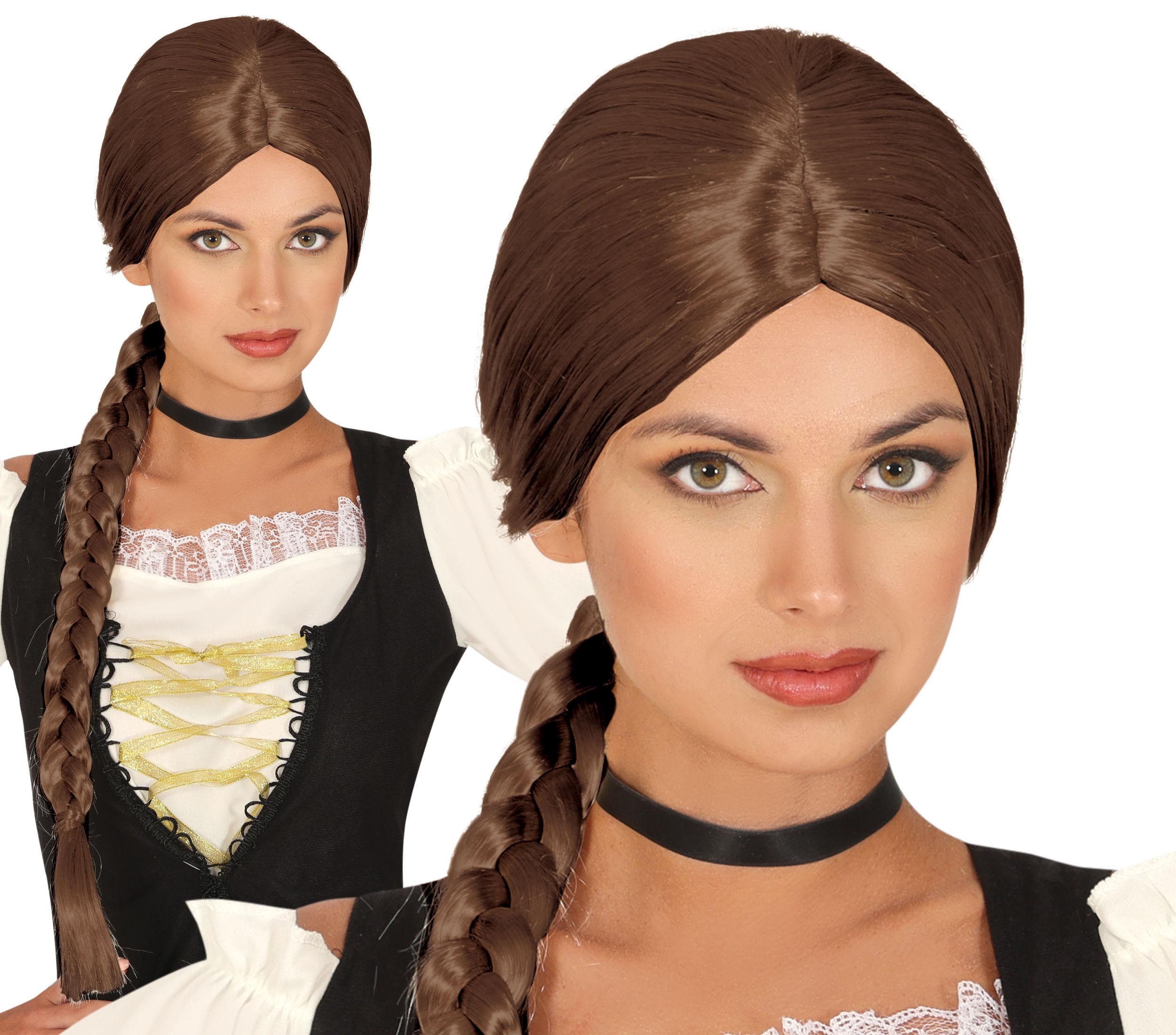Fiestas Guirca Kostüm-Perücke, Prinzessin Mittelalter Perücke Kostüm Lang Zopf Schwarz Blond Braun