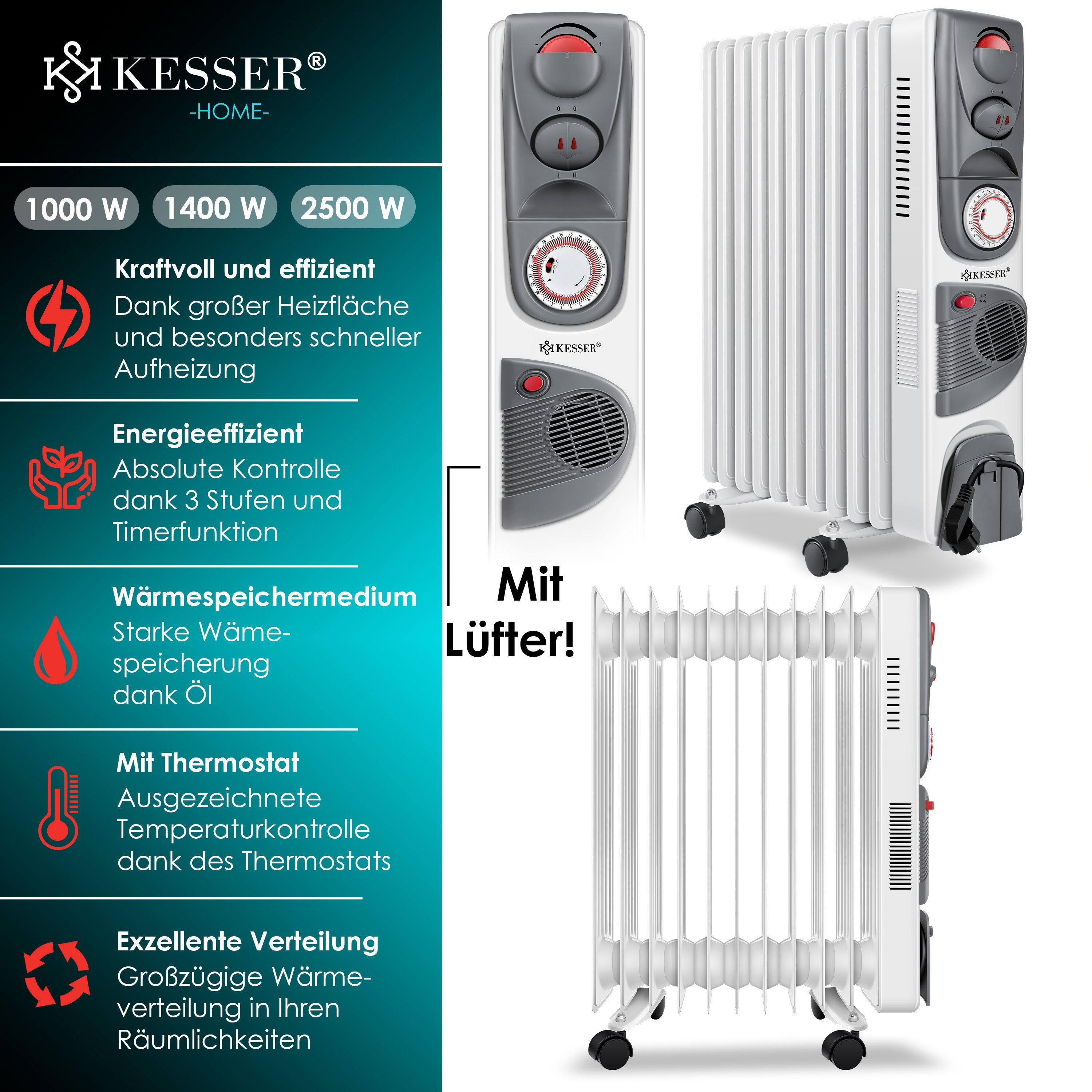KESSER Ölradiator, 2500 W, Ölradiator Elektrische Heizung 2500W Öl ...