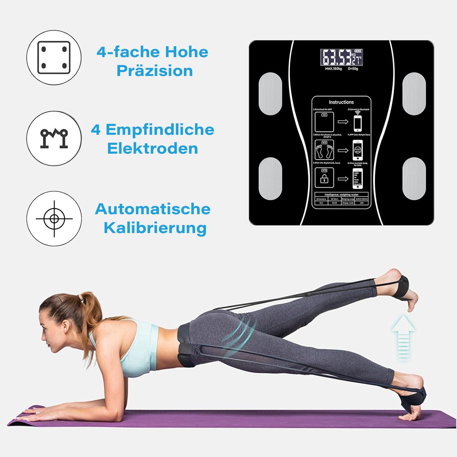 AKKEE Körper-Analyse-Waage Körperfettwaage Digital mit App 180 kg/400 lbs, Multifunktionswaage, BMI, Körperfett, Wasser & Muskelanteil