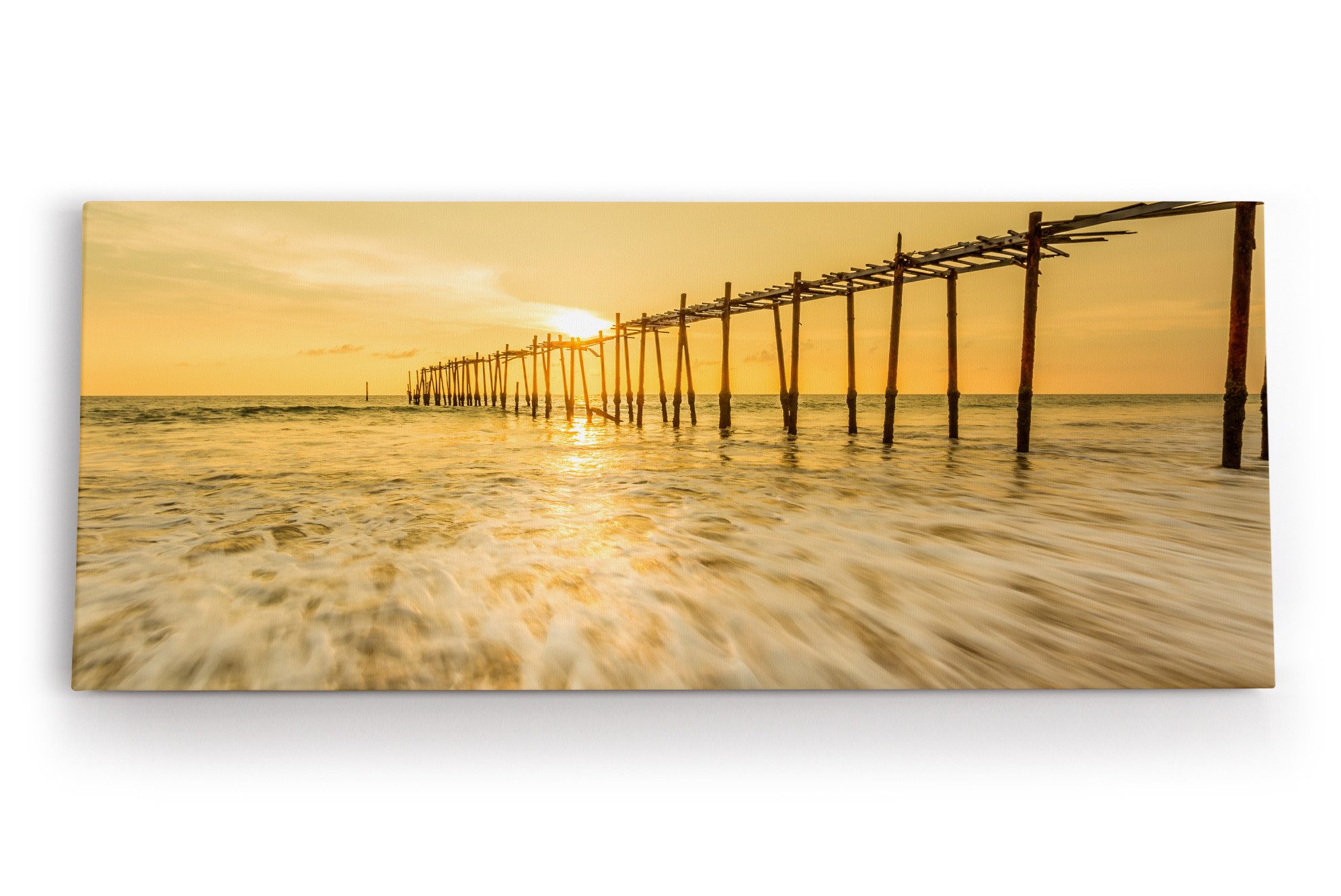 Leinwandbild Holzsteg am Strand Sonnenuntergang Abendröte Meer