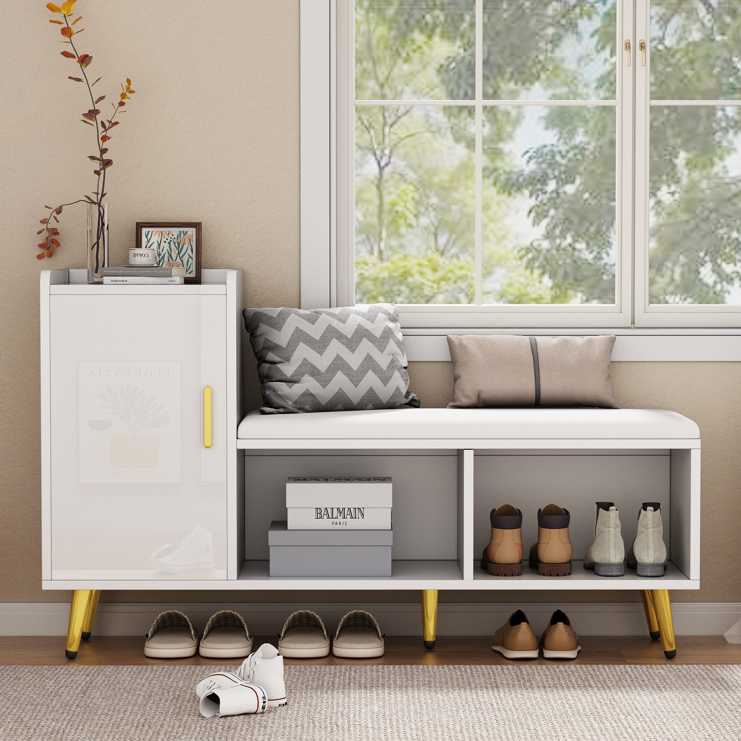 Merax Schuhschrank mit 3 verstellbaren Schuhablagen, Tür und offenen Ablagefächern (Eingangsschrank Flurmöbel Schuhaufbewahrung, 1-St., 120 x 35 x 71,5 cm) Schuhbank mit gepolsterter Sitzfläche, goldene Griffe & Metallbeine