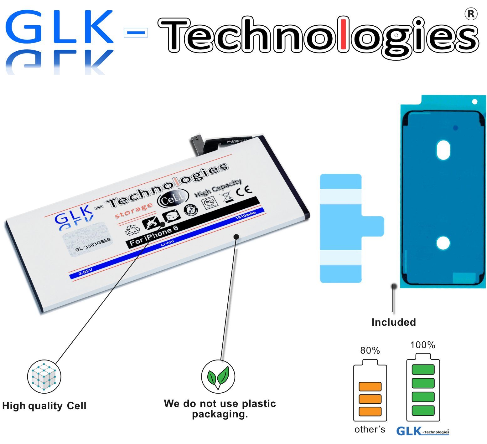 1810 Apple iPhone Smartphone-Akku für (3,8 Ersatz 6 V) Akku Akku GLK-Technologies Verbesserter mAh