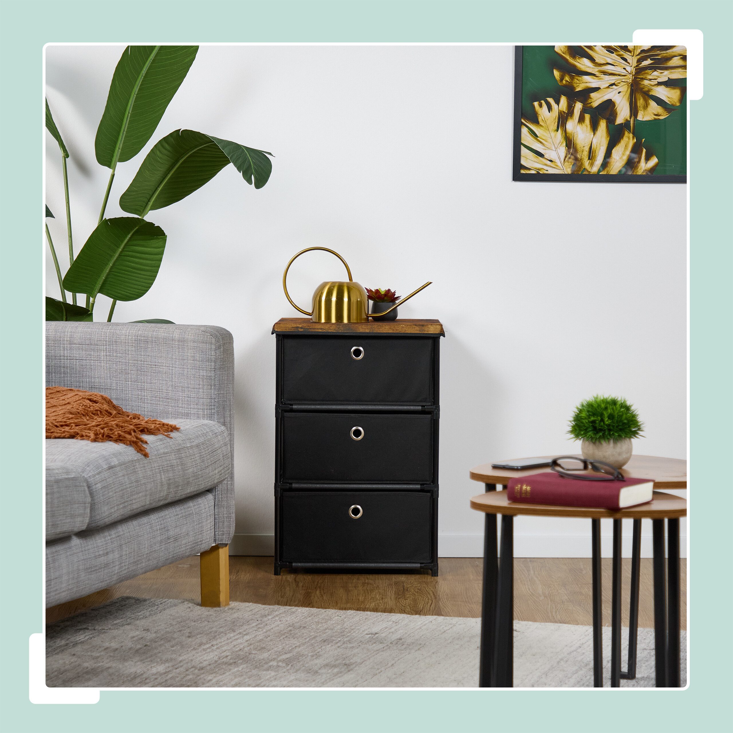 relaxdays Kommode Holzoptik mit Stoffschublade, schwarz, 3 Fächer
