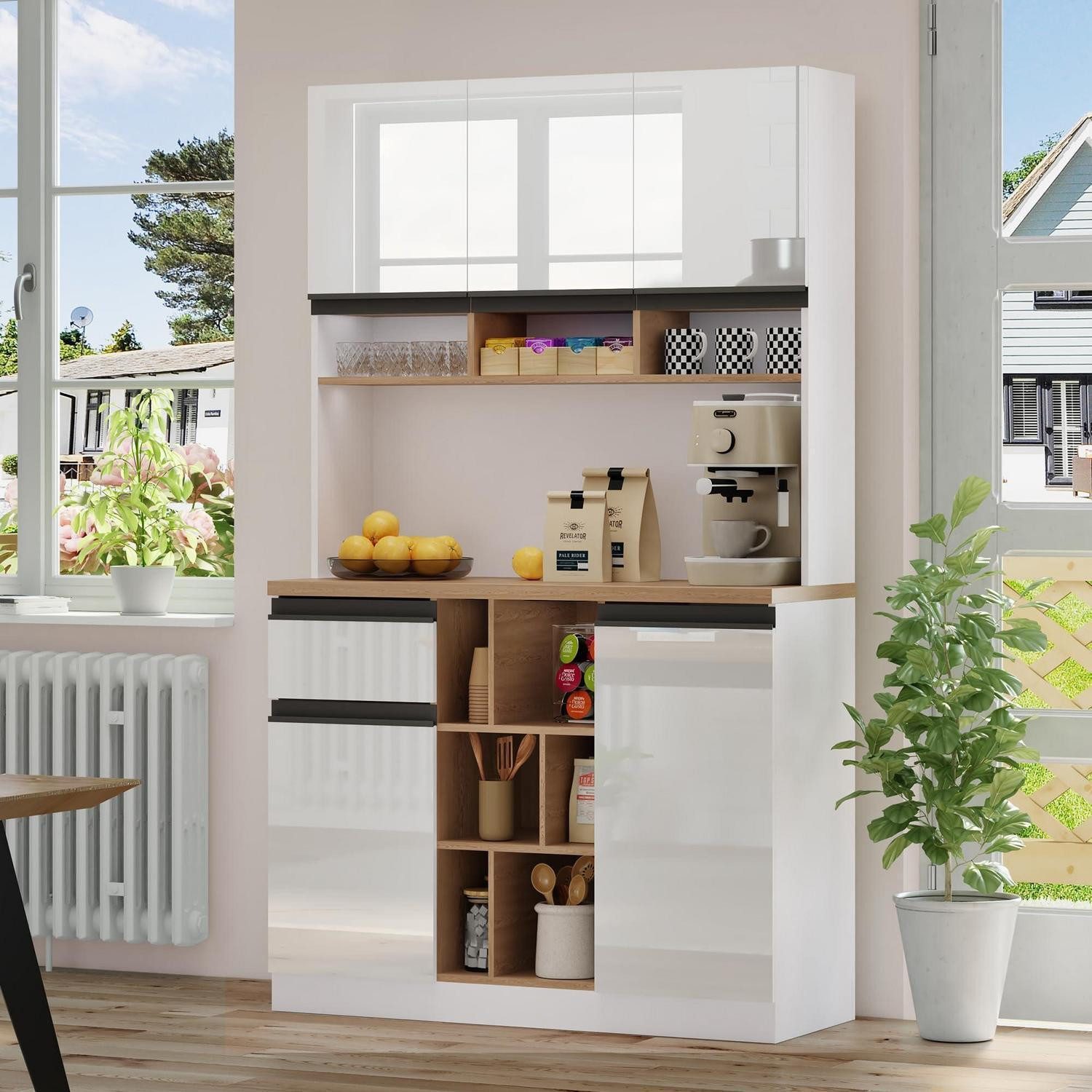 LuxusKollektion Küchenbuffet Küchenschrank 105x45x185cm Hochglanztüren Schubladen Regale Weiß