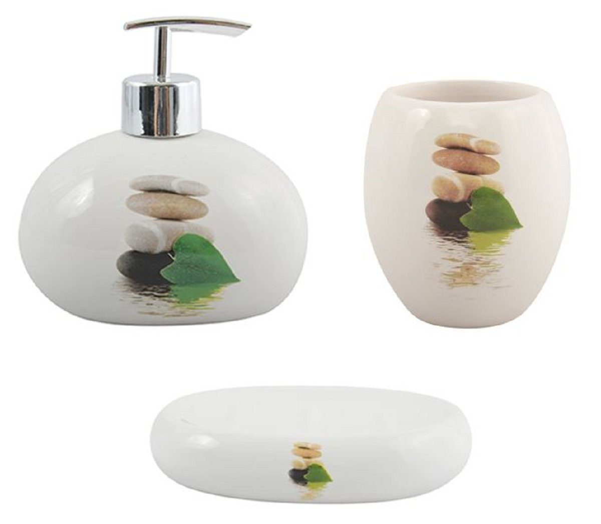 MSV Badaccessoires-Sets JAVA, Zubehör-Set Keramik, glänzend, Zen Spa Motiv "LINGGA", weiß/grün, 3 tlg., in praktischer Geschenk-Box, bestehend aus: Seifenspender, Zahnputzbecher, Seifenschale, Komplett-Set Badezimmerzubehör, 3 tlg.