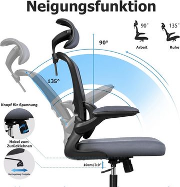 Razzor Bürostuhl (Computerstuhl mit Hochklappbaren Armlehnen), Ergonomisch, Schreibtischstuhl aus Netz mit Neigungsfunktion 90°-135°