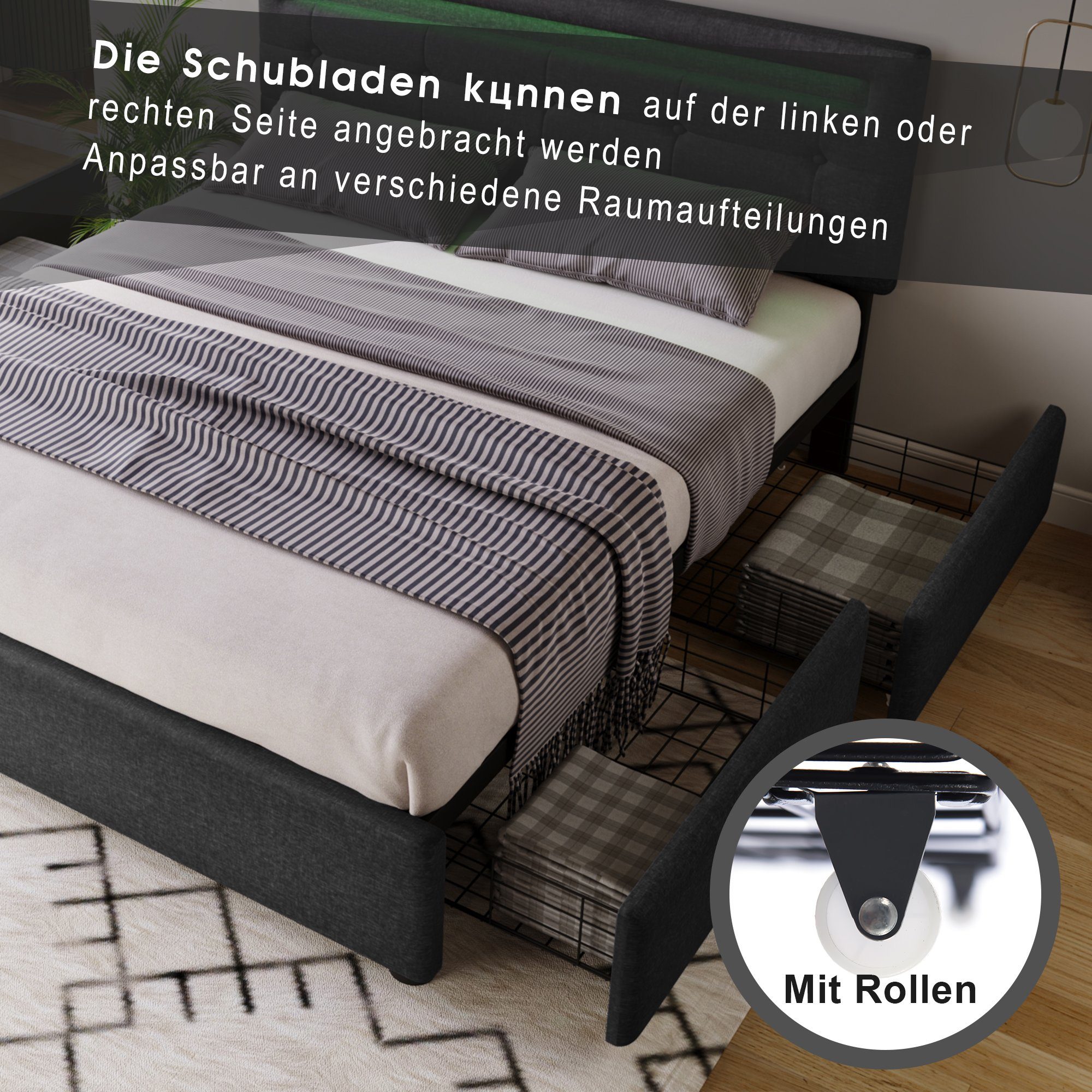 Polsterbett (mit LED-Beleuchtung, Fernbedienung und verstellbarem Kopfteil), Doppelbett mit Lattenrost, 4 Schubladen, Leinen, 140x200cm Bett