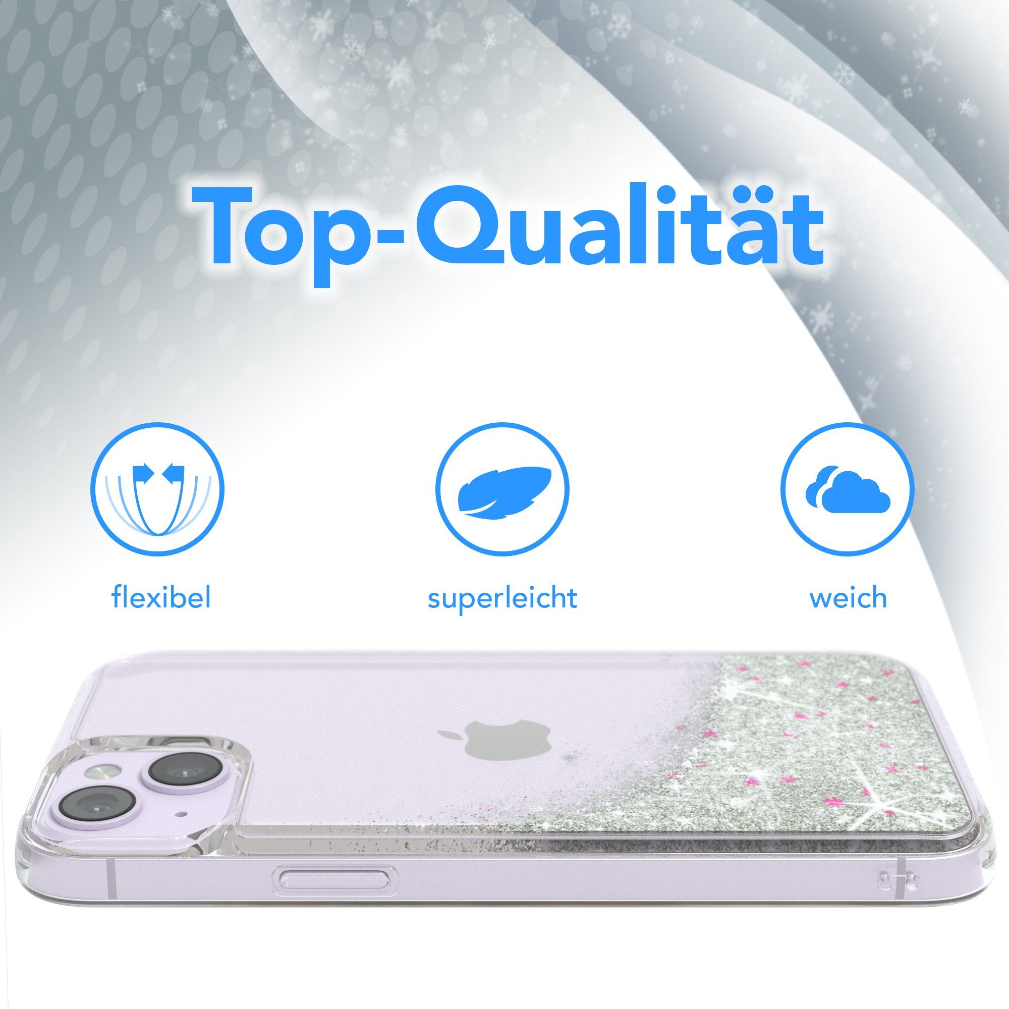 EAZY CASE Handyhülle Liquid Glittery Case für Apple iPhone 14 Plus 6,7 Zoll, Kratzfeste Silikonhülle stoßfestes Back Cover Phone Case Etui Silber