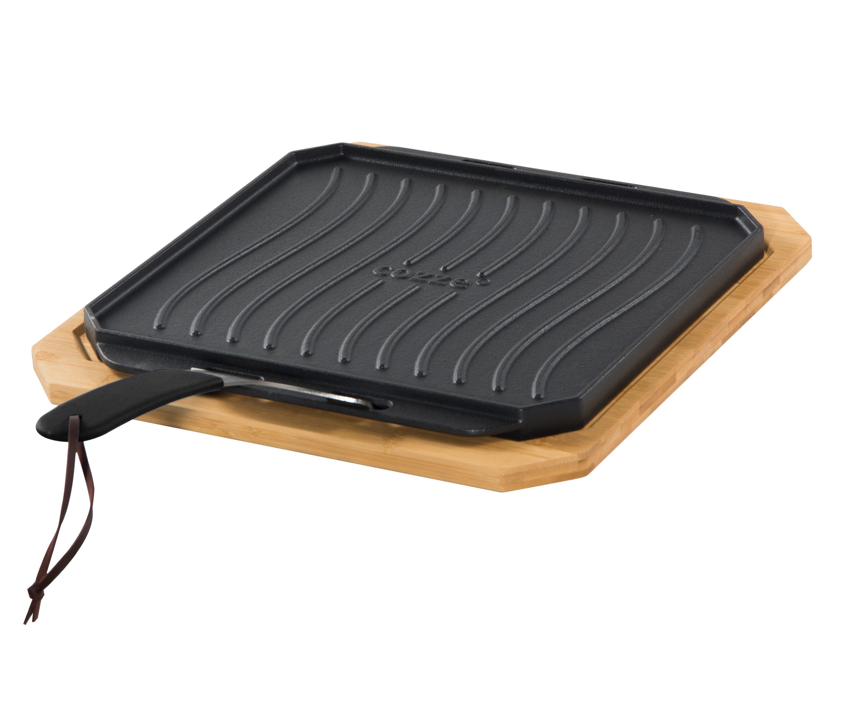 COZZE Grillbesteck-Set Grillpfanne, 33 x 33 x 4 cm, Gusseisen / Bambus, hochwertige Pfanne für Grillgut